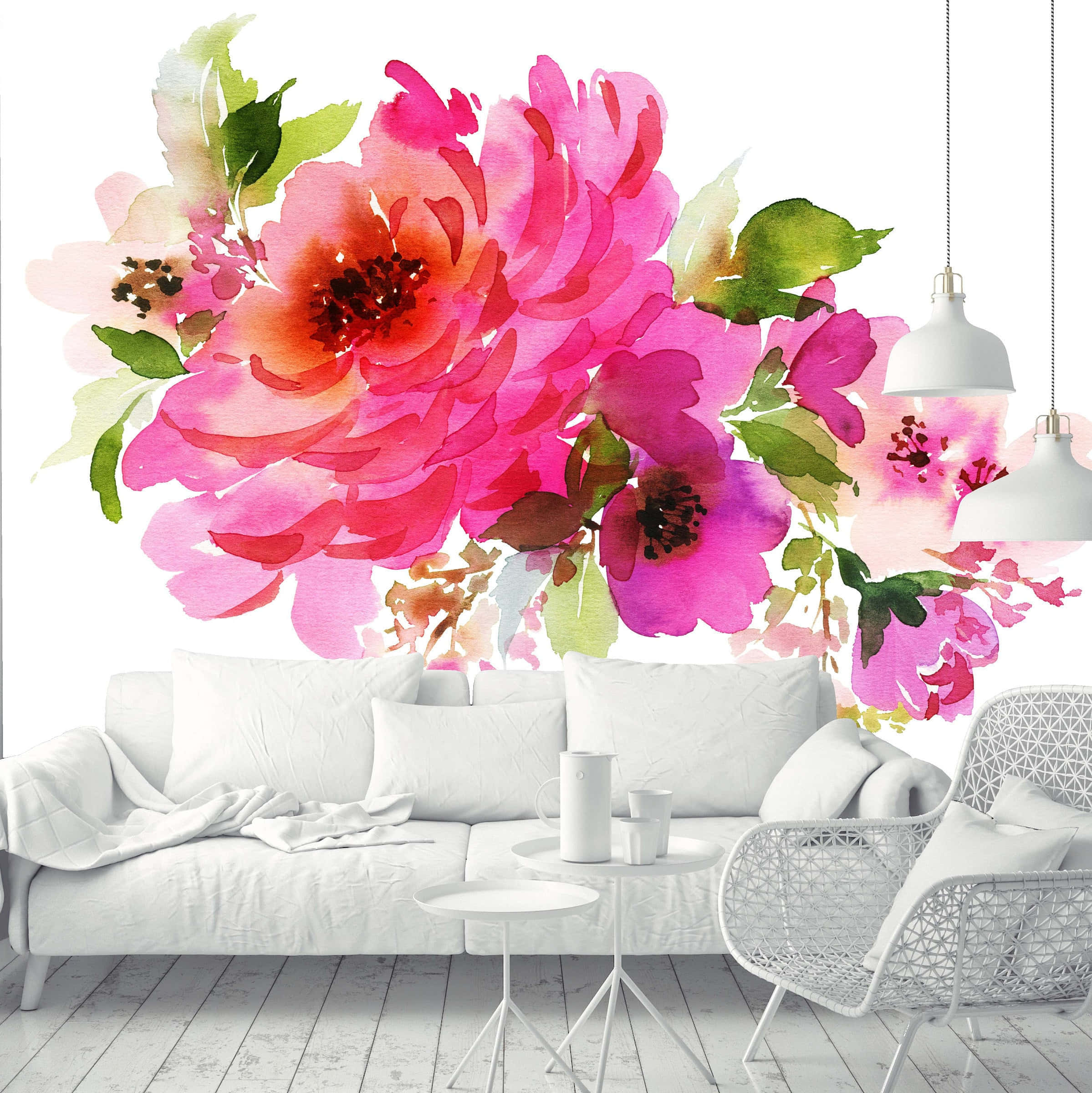 watercolor floral, vibrant watercolor peonies, white wall, Full HD Phone Wallpaper