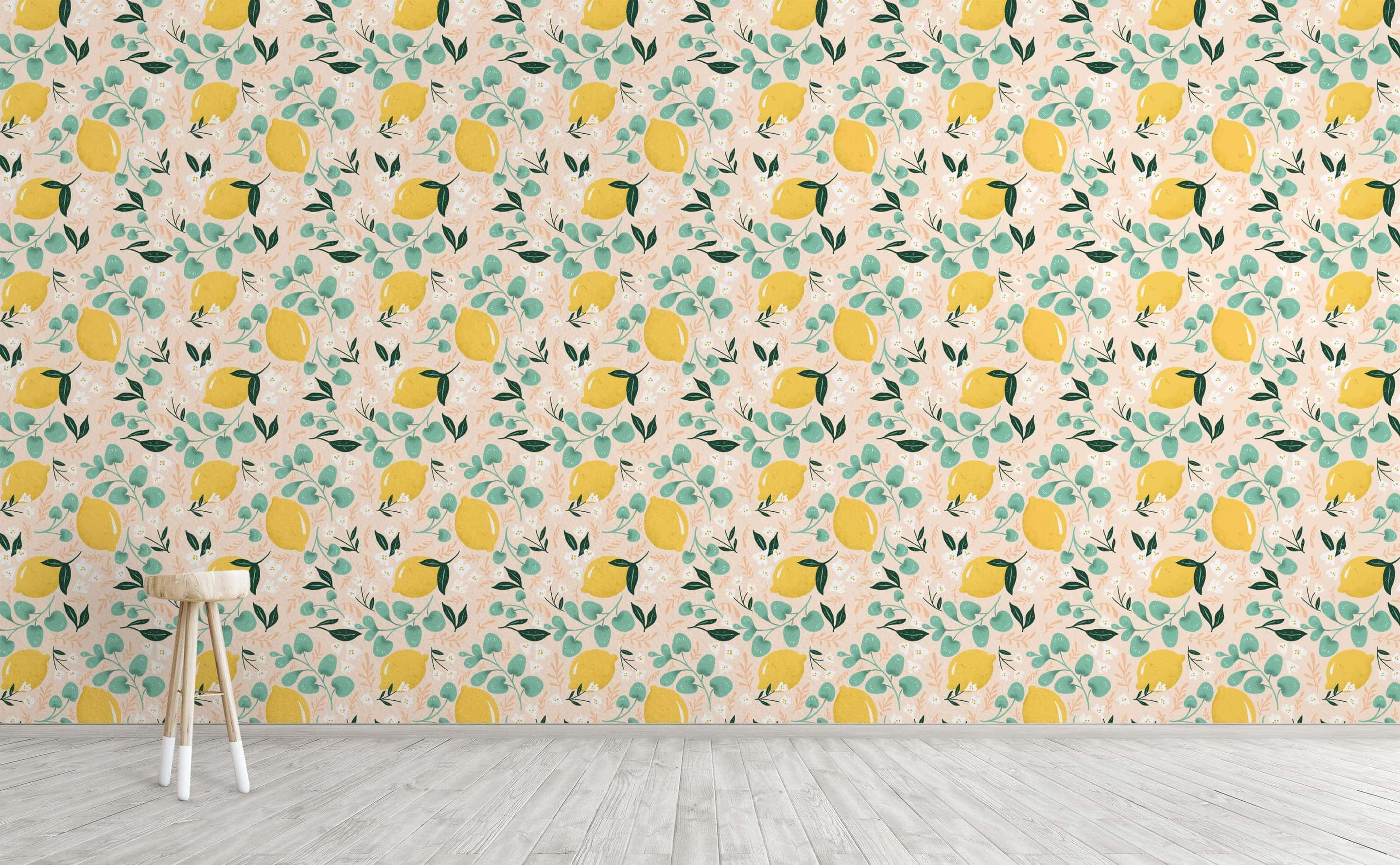 Lemon Watercolor Floral Patterns, pastel tones, minimalist room, 2K Desktop Wallpaper