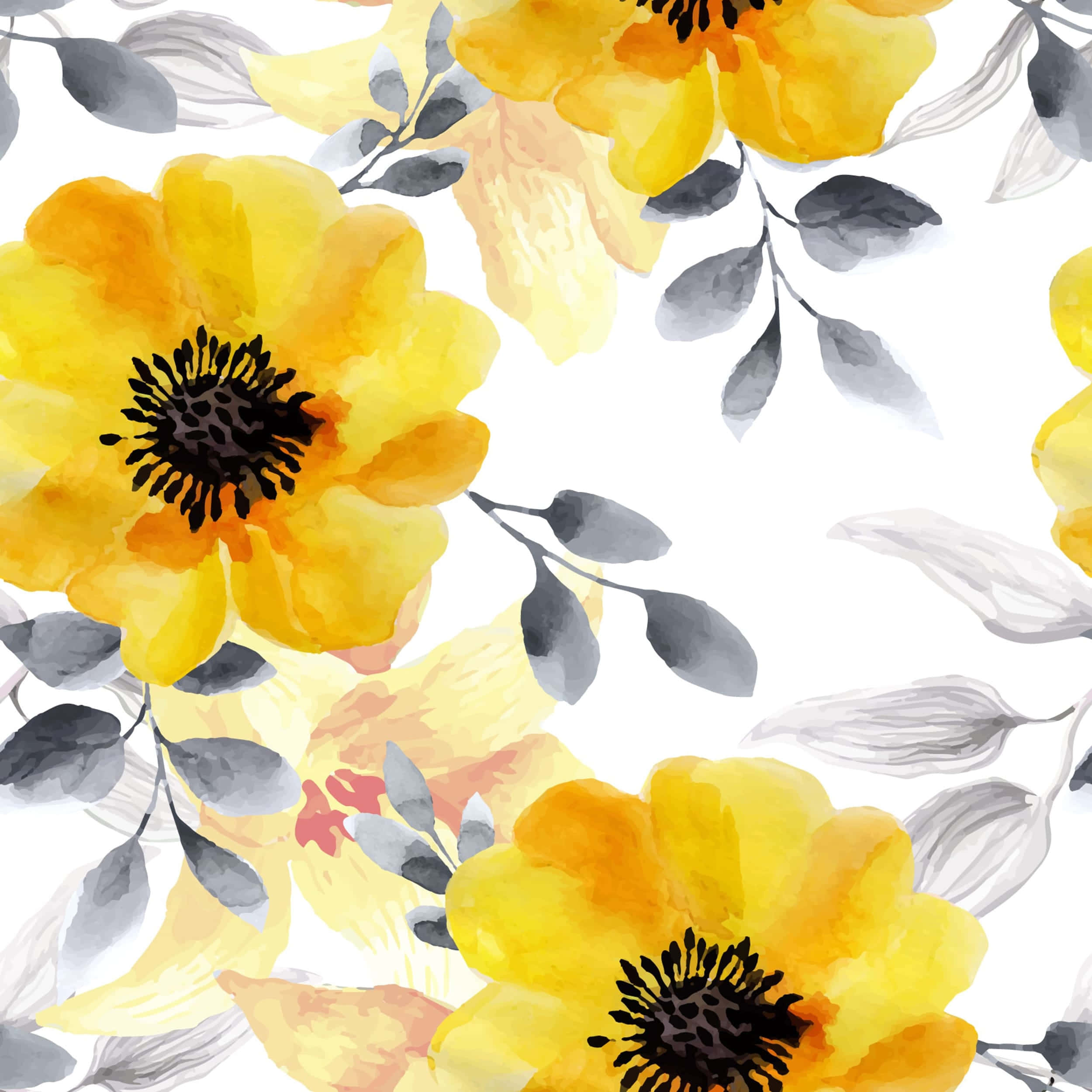 watercolor floral, yellow, dark centers, Full HD Desktop Wallpaper