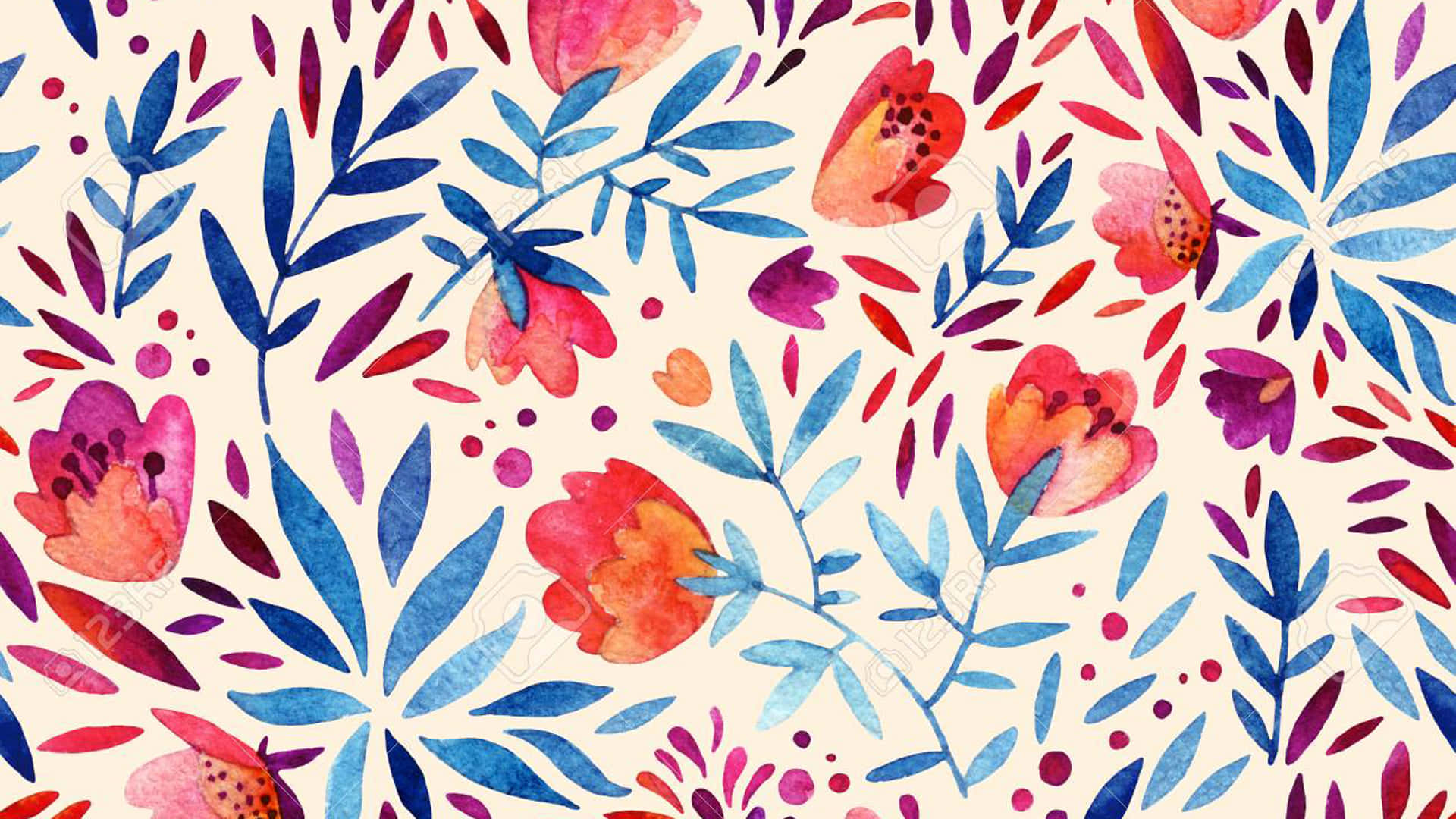 watercolor floral, bold blue leaves, coral pink blossoms, Full HD Desktop Wallpaper