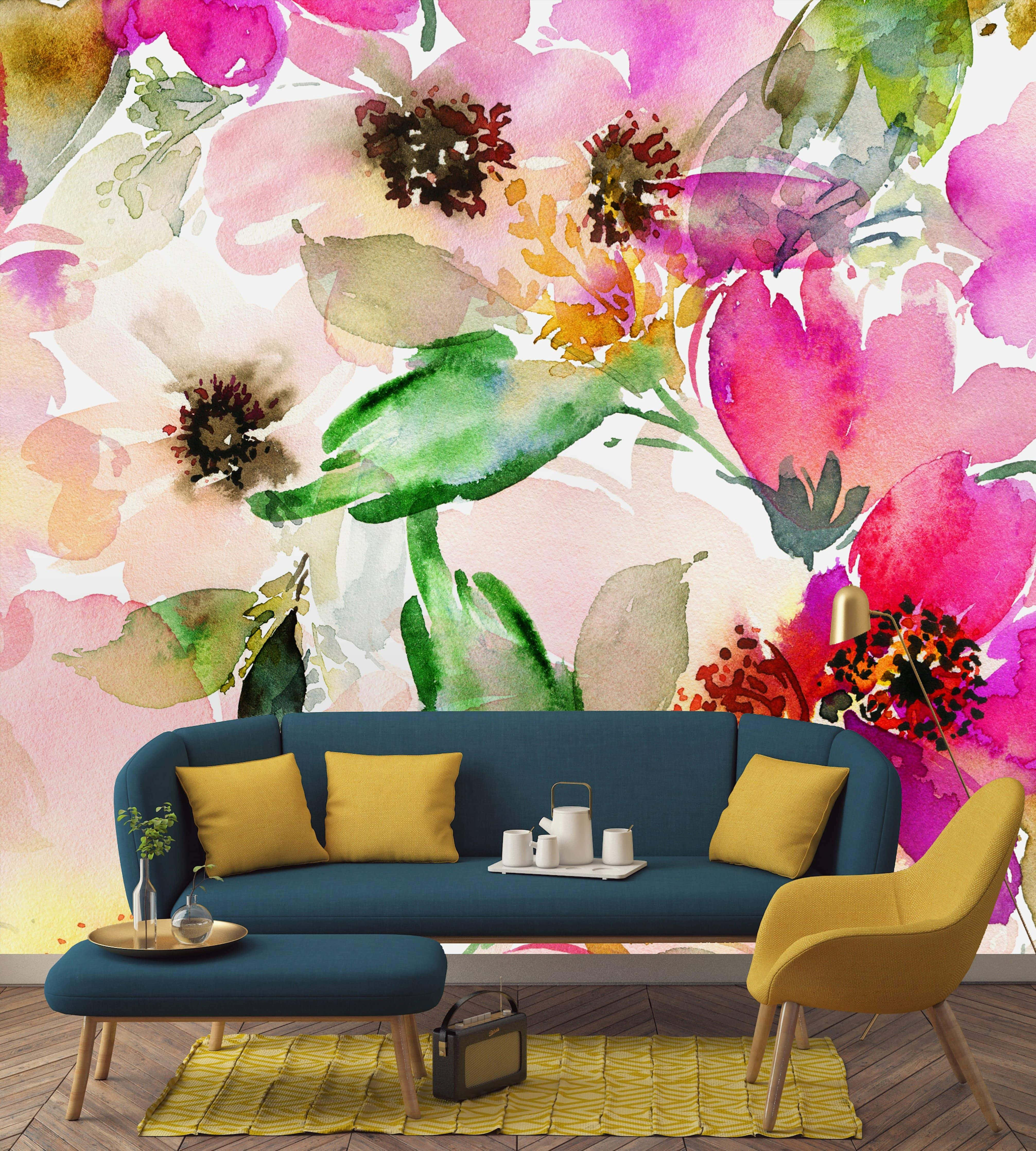 watercolor floral, dark green couch, pink magenta blooms, 4K Phone Wallpaper