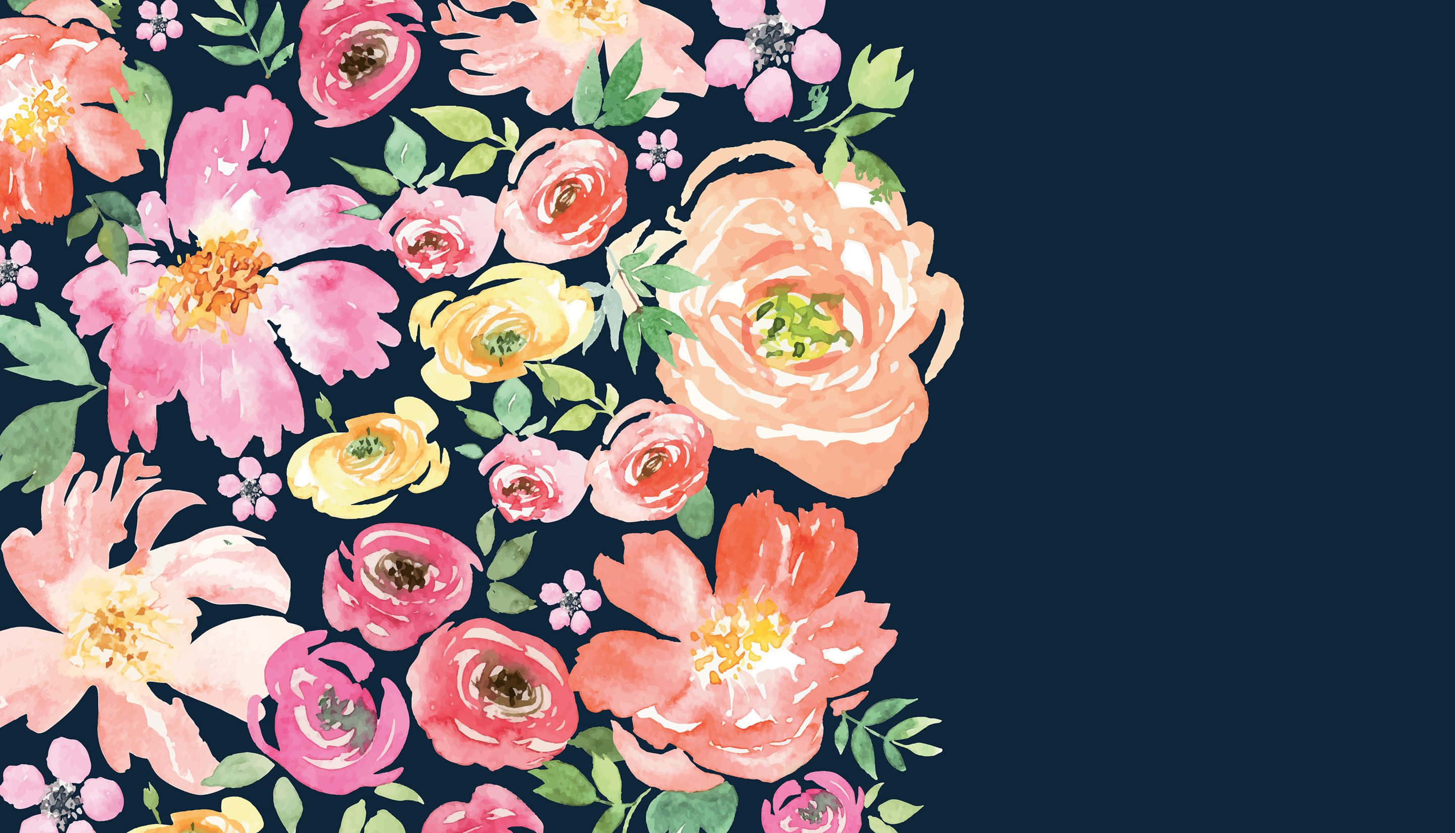 watercolor floral, pink peach, yellow, 2K Desktop Wallpaper