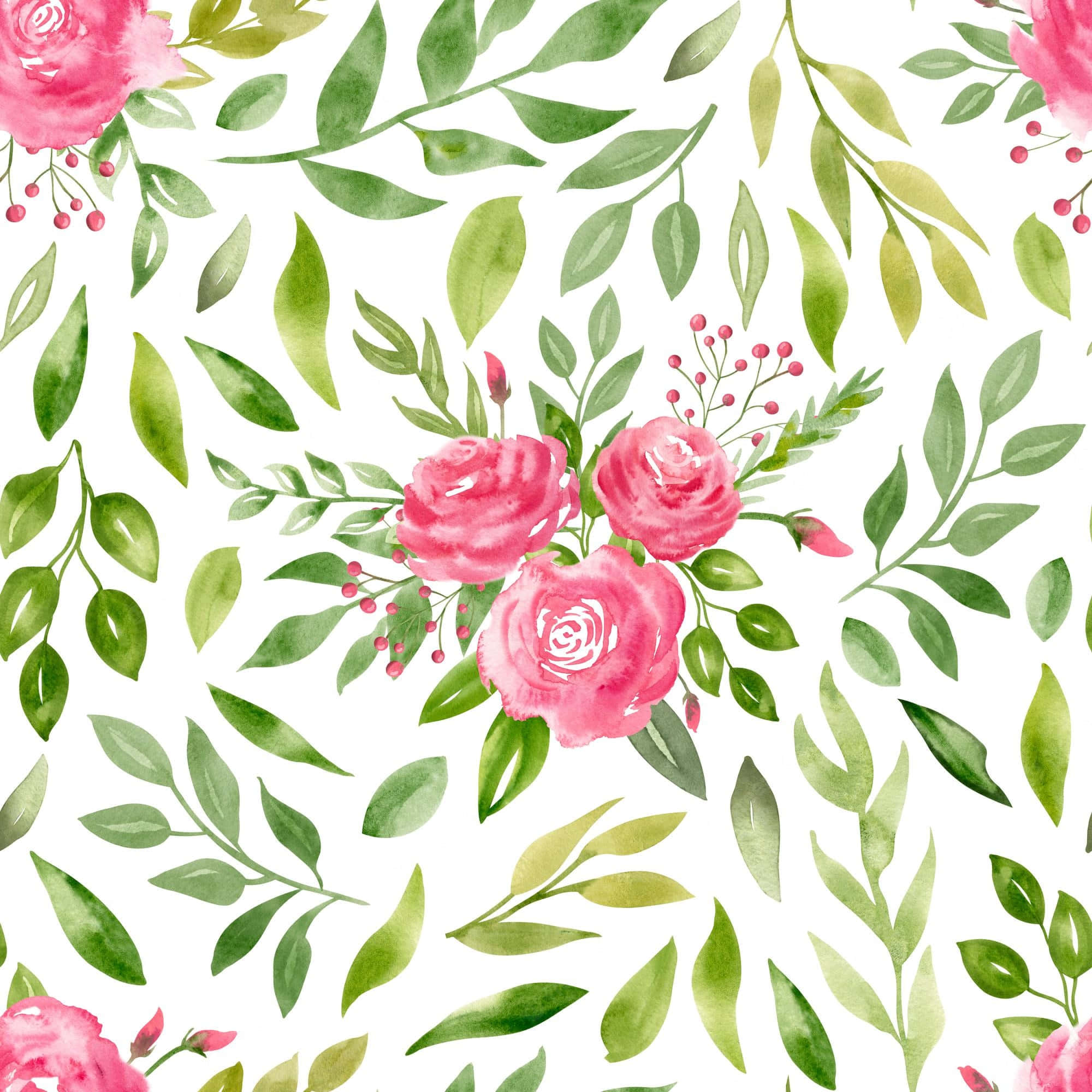 watercolor floral, pink roses, green leaves, Full HD Desktop Wallpaper