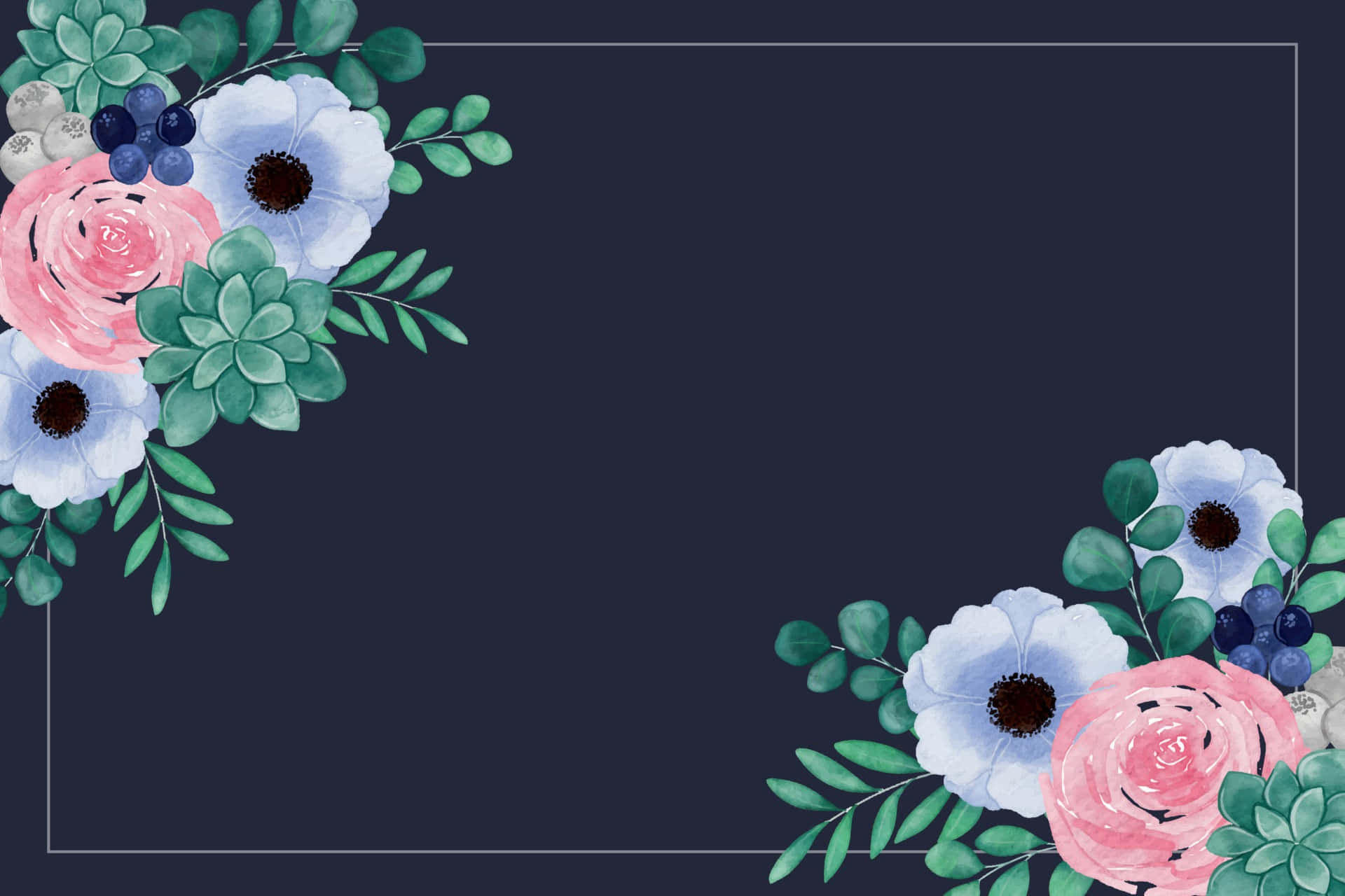 watercolor floral, pink roses, blue anemones, Full HD Desktop Wallpaper
