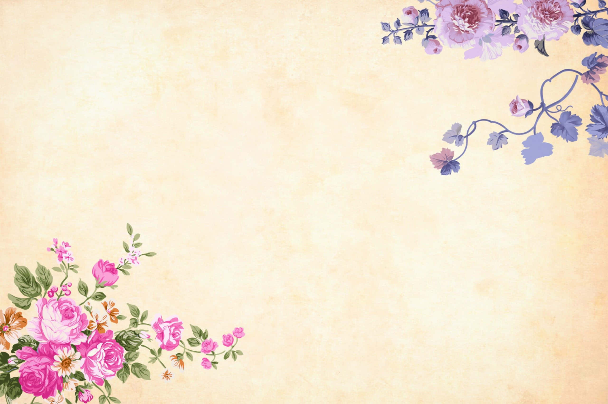 Purple Watercolor Floral Vines, pink roses, purple blossoms, 2K Desktop Wallpaper