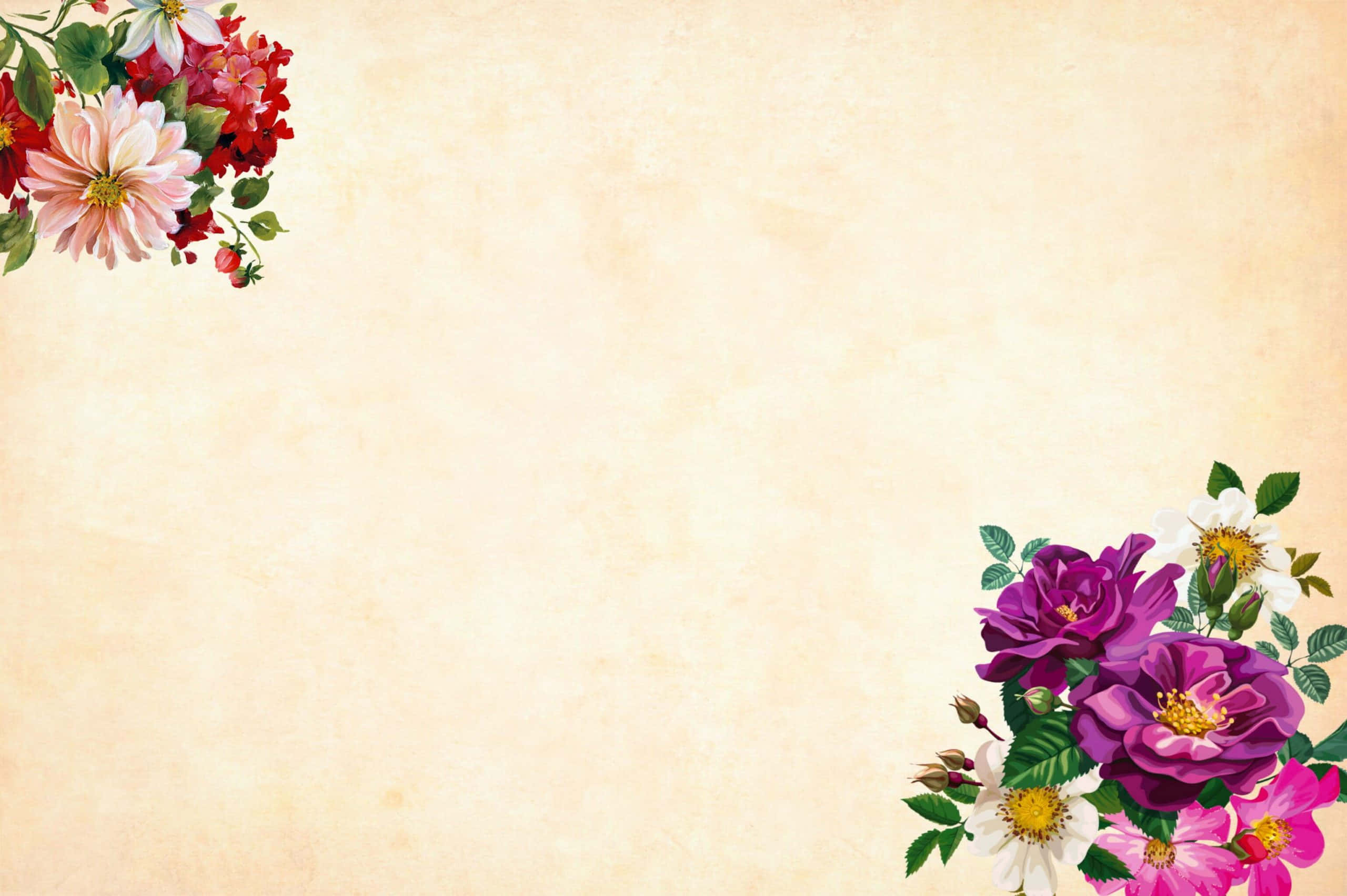 Watercolor Floral, vintage parchment background, vibrant floral clusters, 2K Desktop Wallpaper