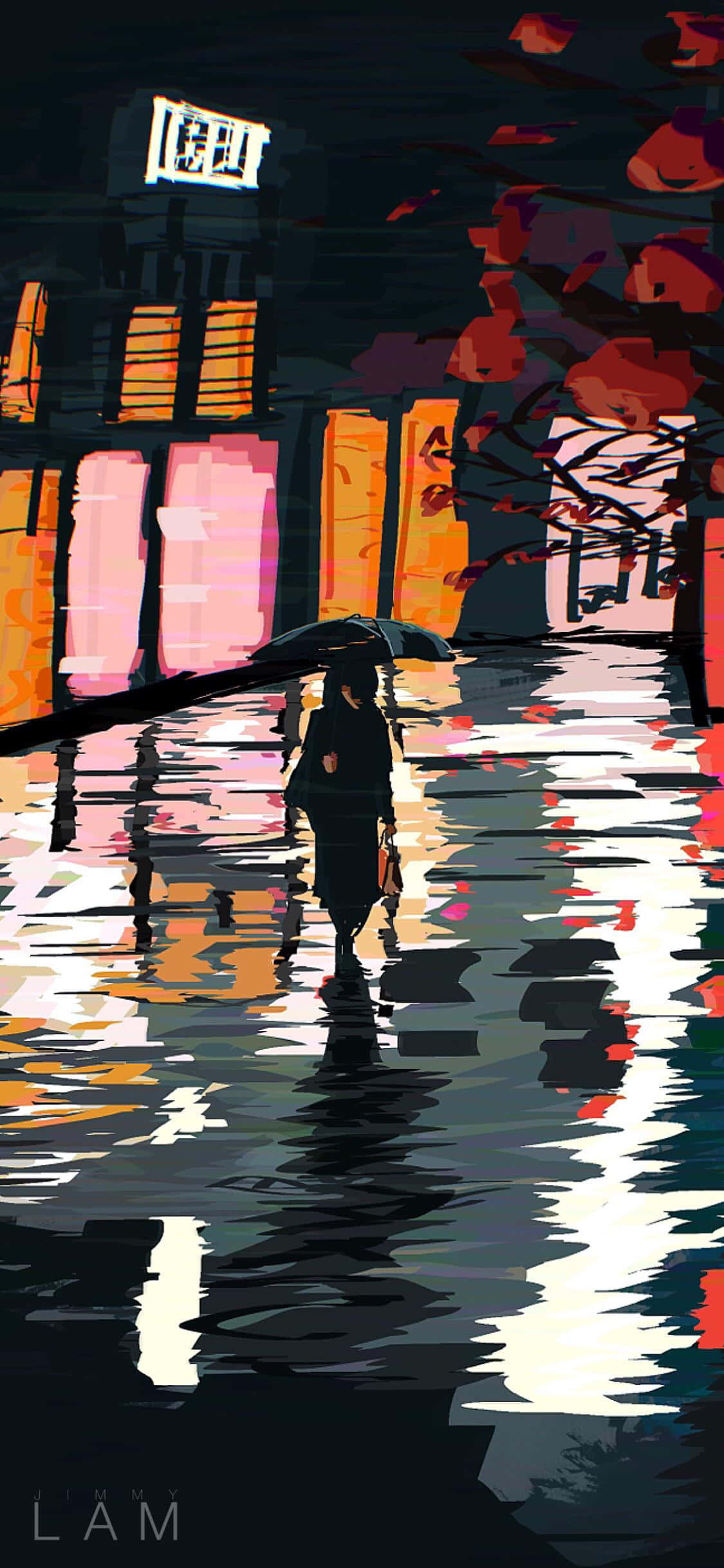 lone figure, umbrella, rain-slicked city street, Full HD Phone Wallpaper