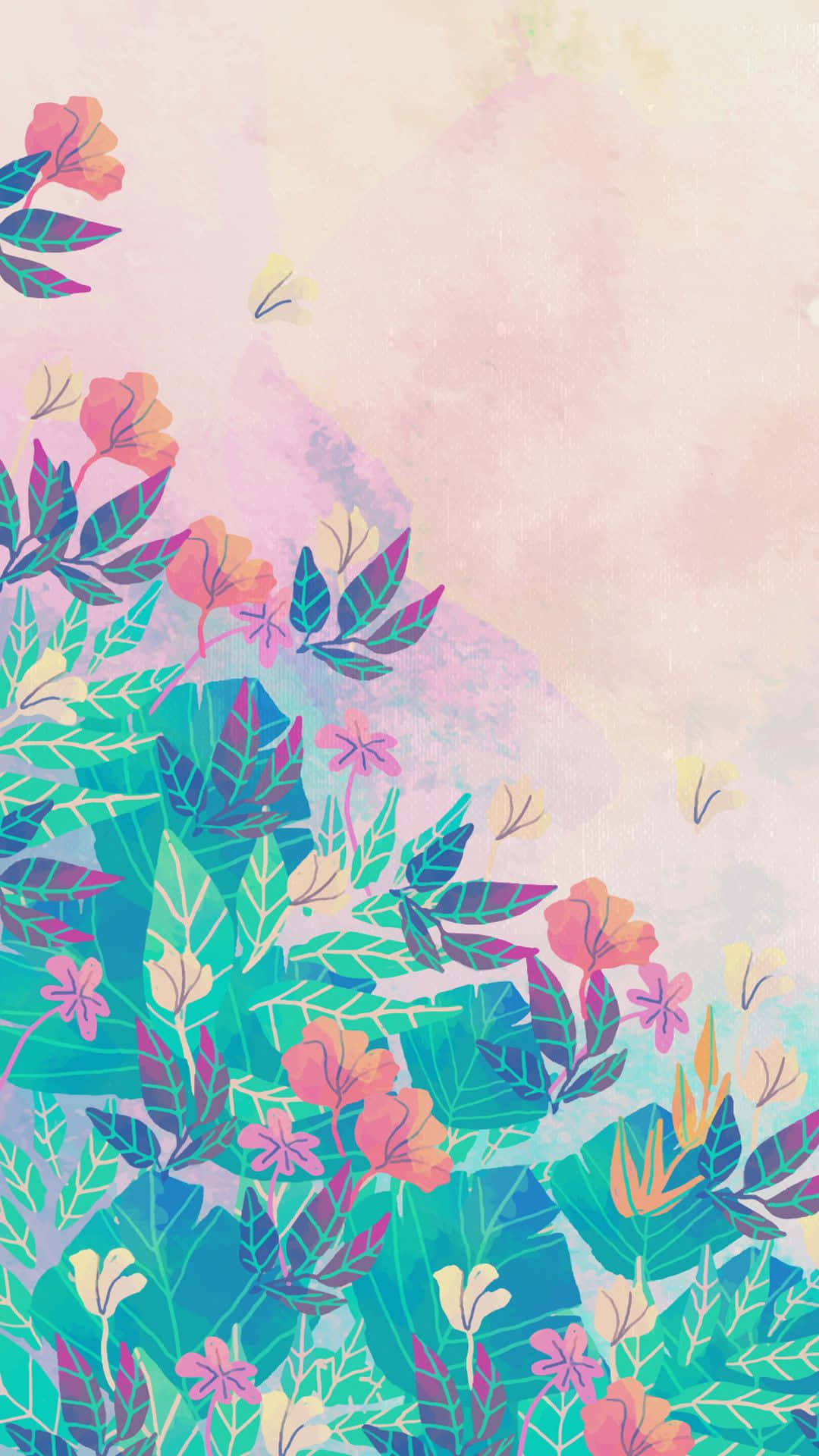 Watercolor Painting iPhone, tropical foliage, pink orange flowers, Full HD Phone Wallpaper