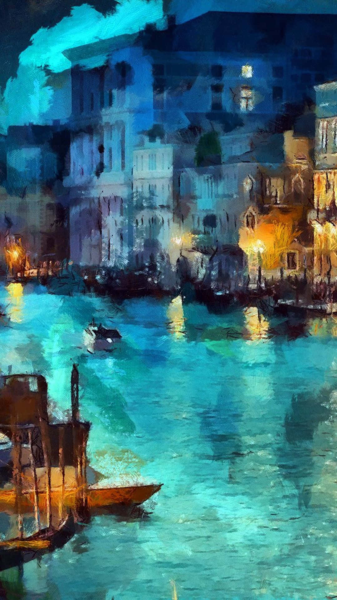 watercolor painting, iPhone, nocturnal canal scene, Full HD Phone Wallpaper