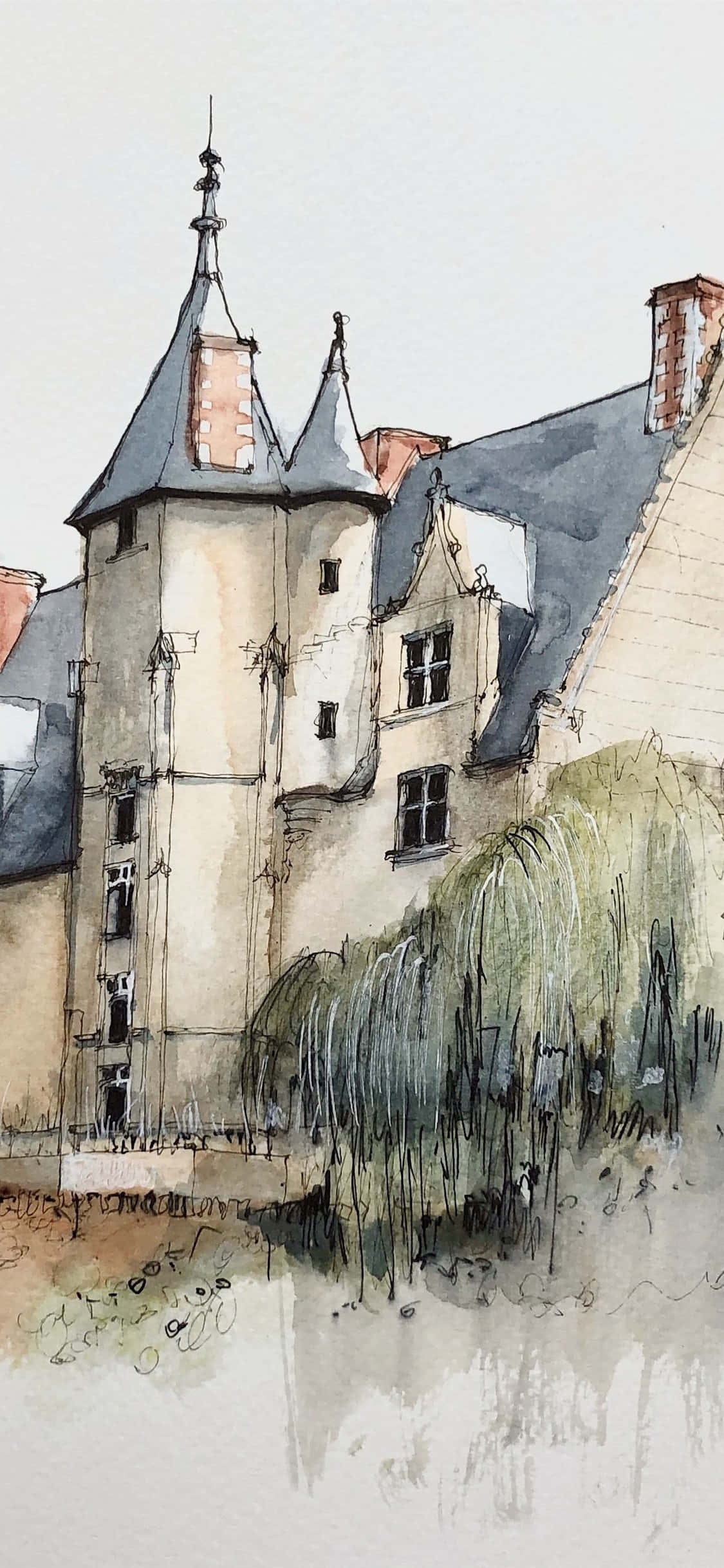 watercolor painting, iPhone, historic stone castle, Full HD Phone Wallpaper