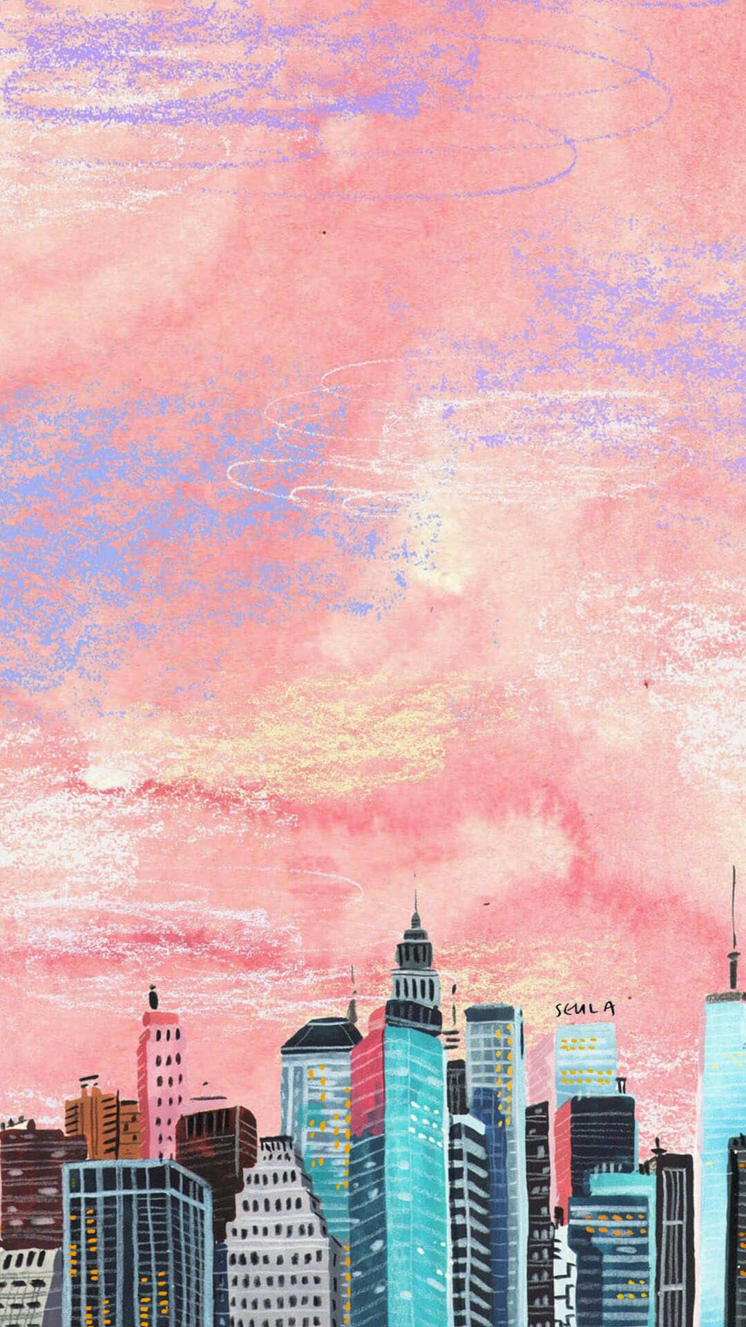 Watercolor Painting iPhone, city skyline, colorful skyscrapers, Full HD Phone Wallpaper
