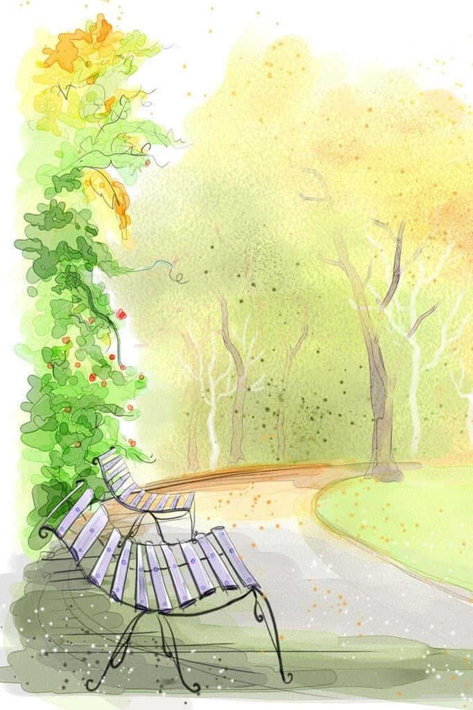 watercolor painting, purple bench, vine-covered path, SD Phone Wallpaper