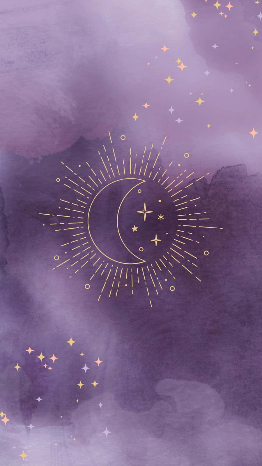 golden crescent moon, dreamy purple watercolor sky, sparkling stars, HD Phone Wallpaper