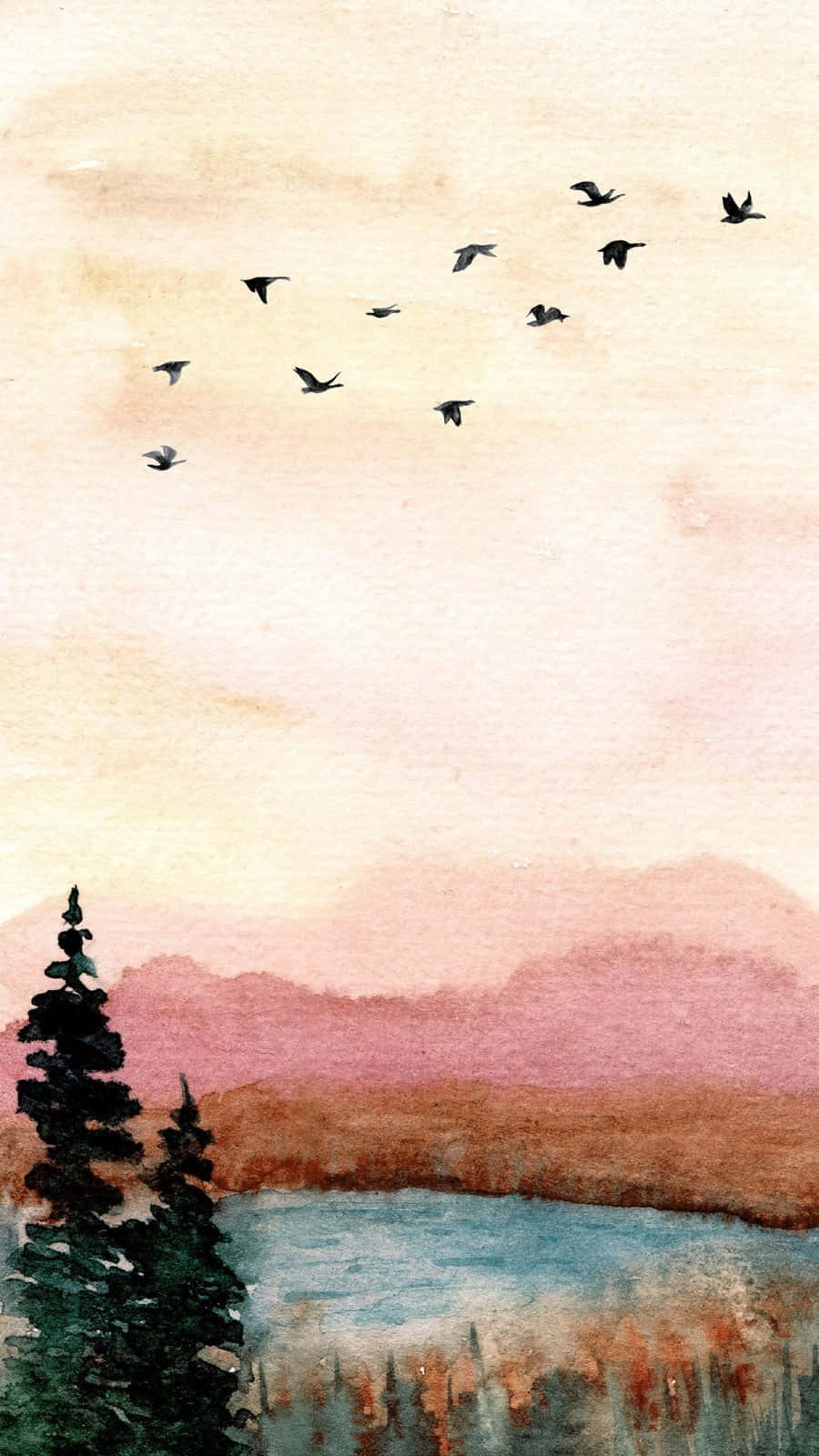 Watercolor, sunset, geese, HD Phone Wallpaper