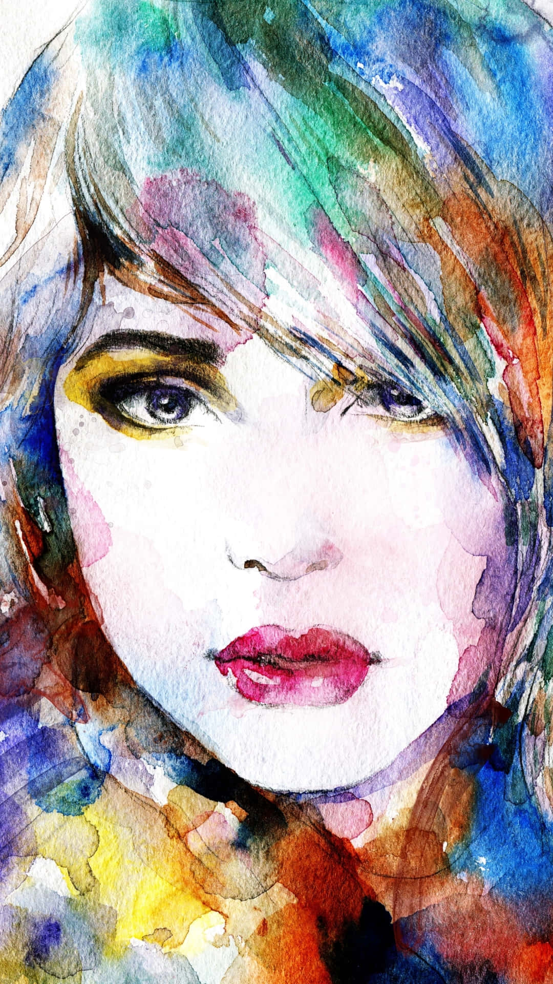 abstract watercolor portrait, woman, colorful abstract hair, Full HD Phone Wallpaper