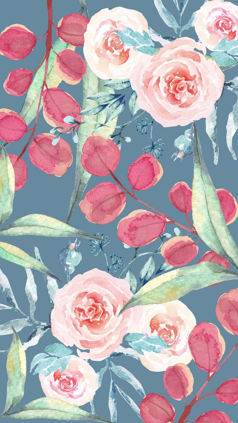 watercolor floral pattern, roses, pink eucalyptus berries, HD Phone Wallpaper
