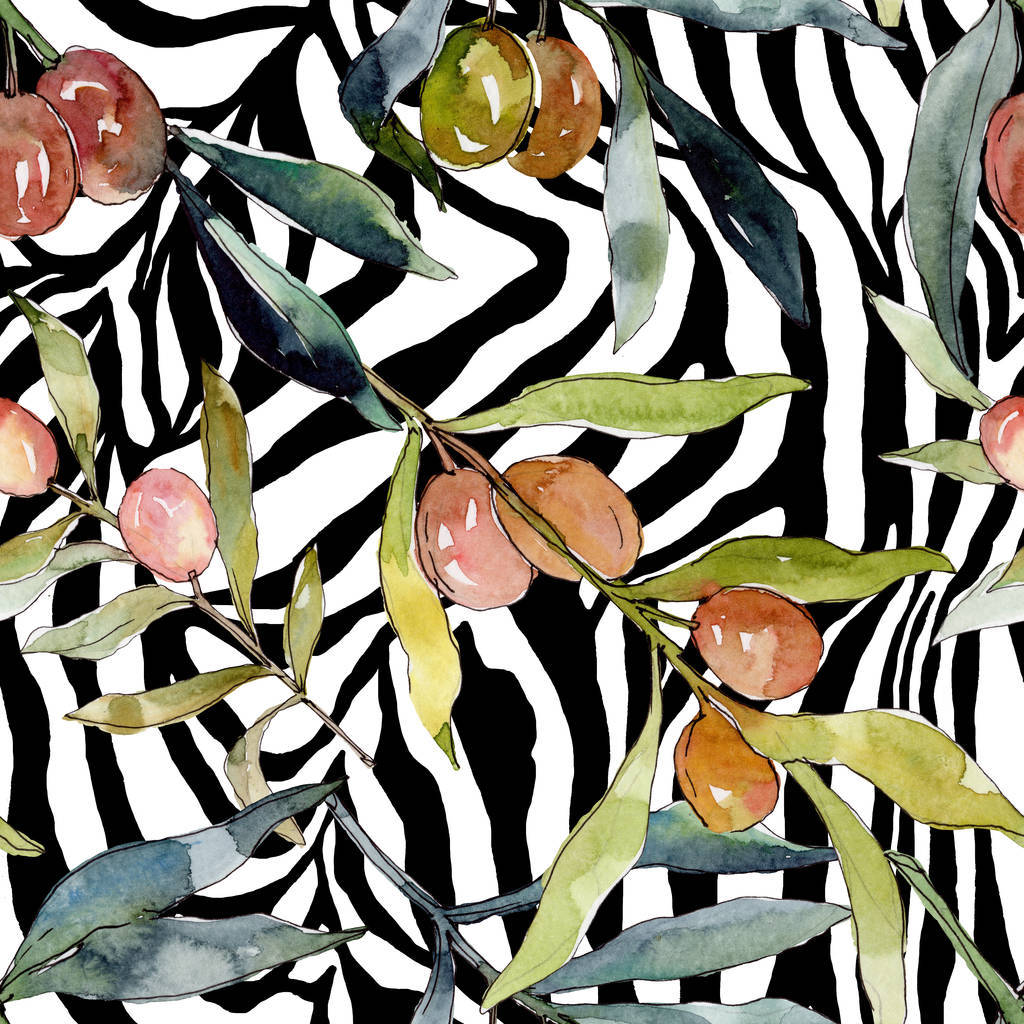 watercolor drawing, green olive branch, pink and green olives, SD Desktop Wallpaper