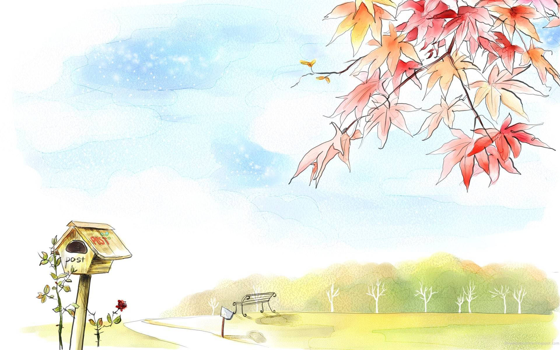 autumn maple leaves, serene park scene, wooden post office, Full HD Desktop Wallpaper