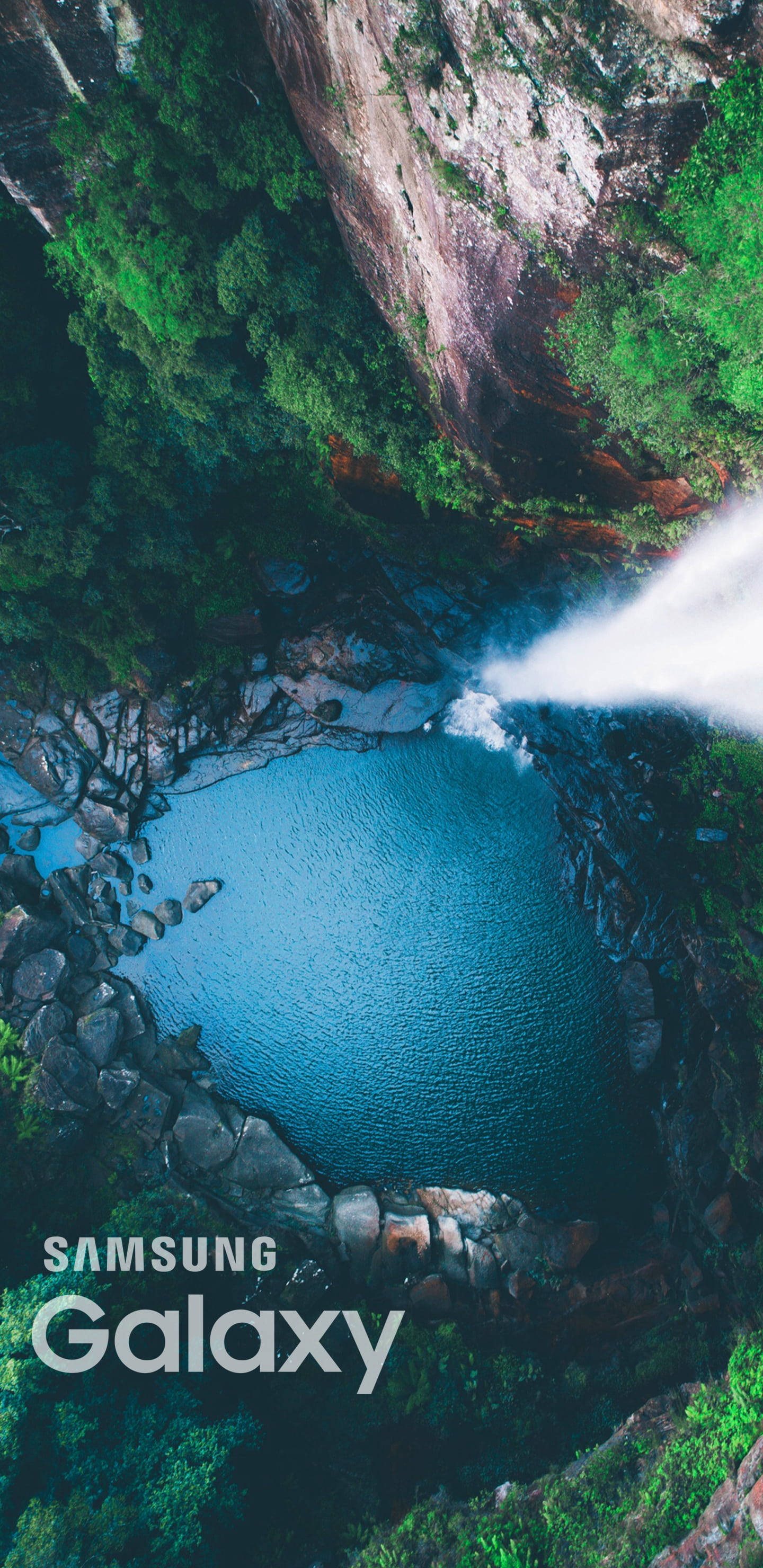 aerial view, turquoise pool, cascading waterfall, 2K Phone Wallpaper