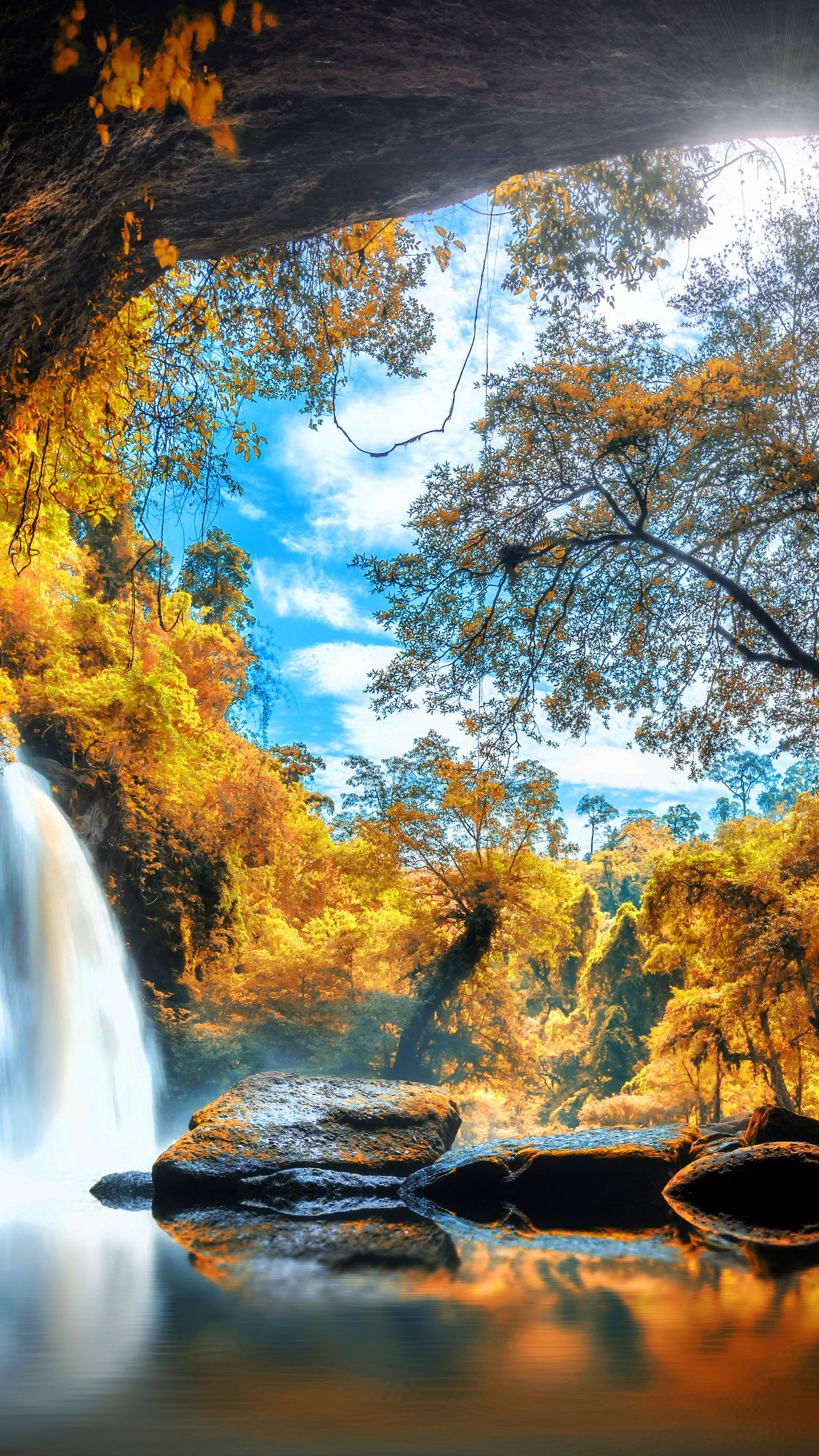 waterfall, rocky overhang, golden autumn trees, 4K Phone Wallpaper