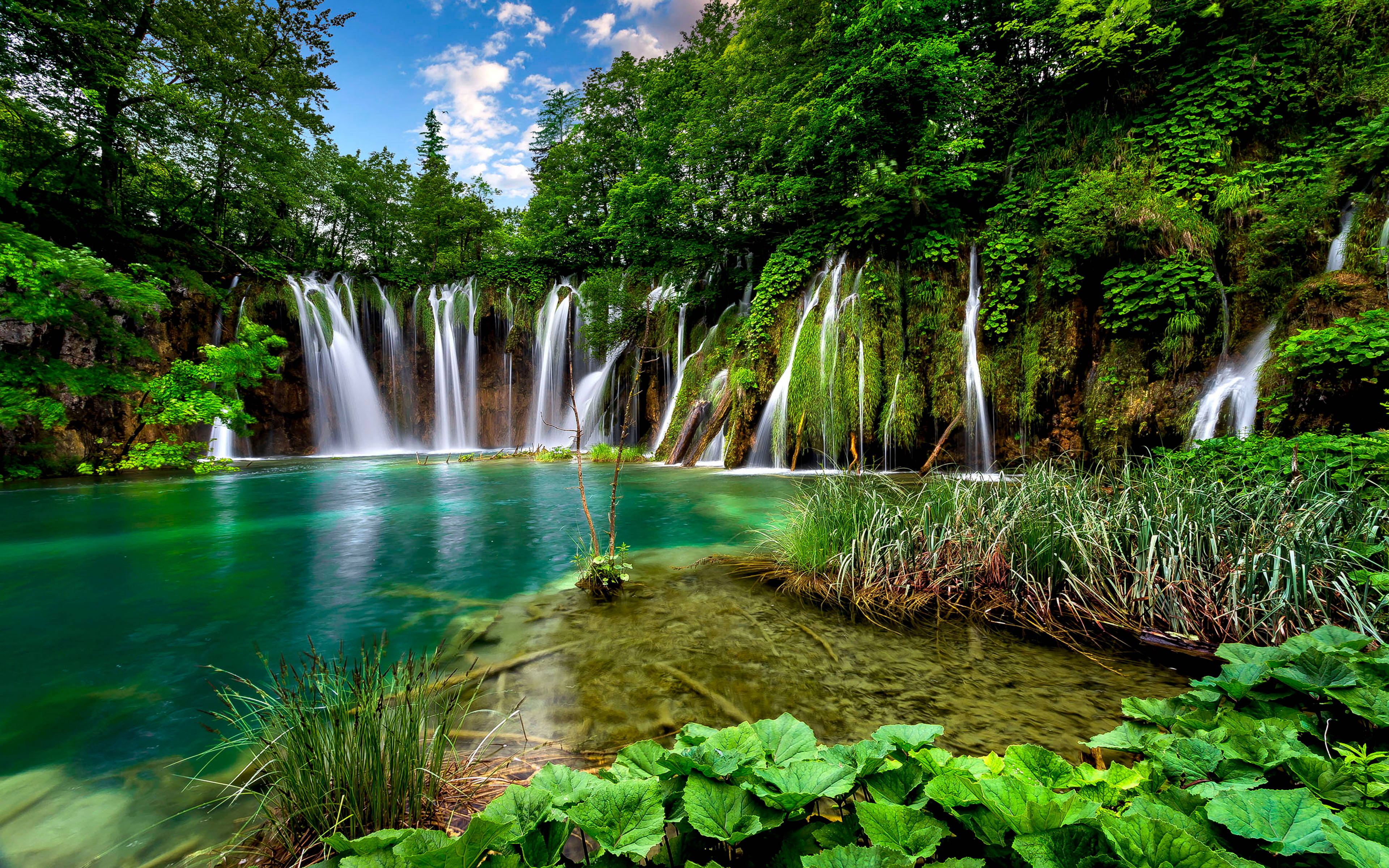 nature waterfalls, turquoise pool, lush greenery, 4K Desktop Wallpaper
