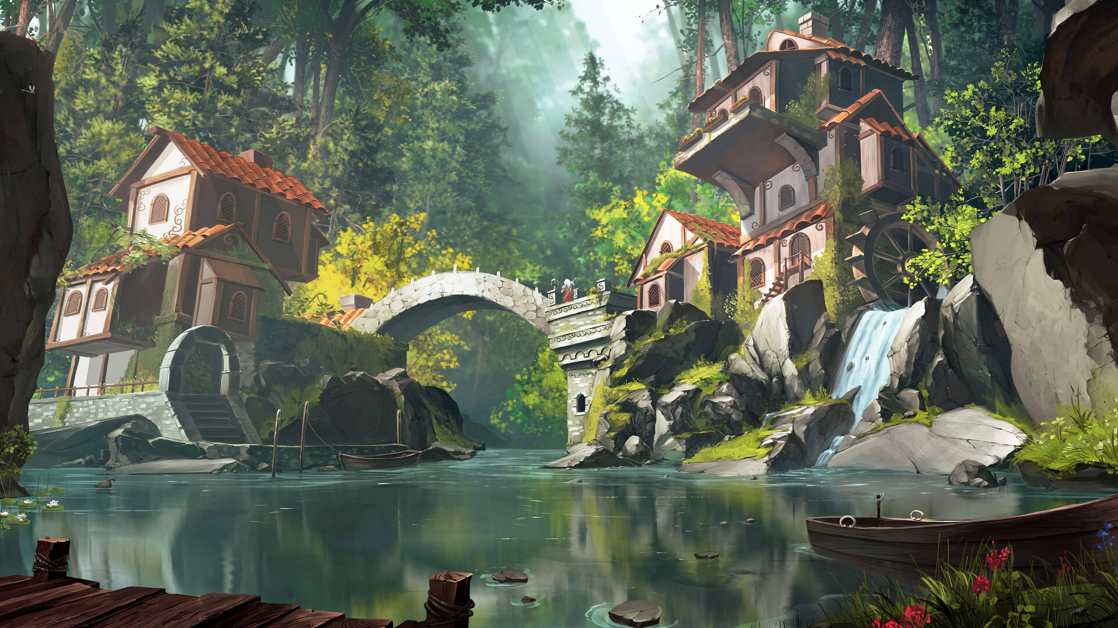river bridge, stone houses, terraco-roofed houses, 4K Desktop Wallpaper