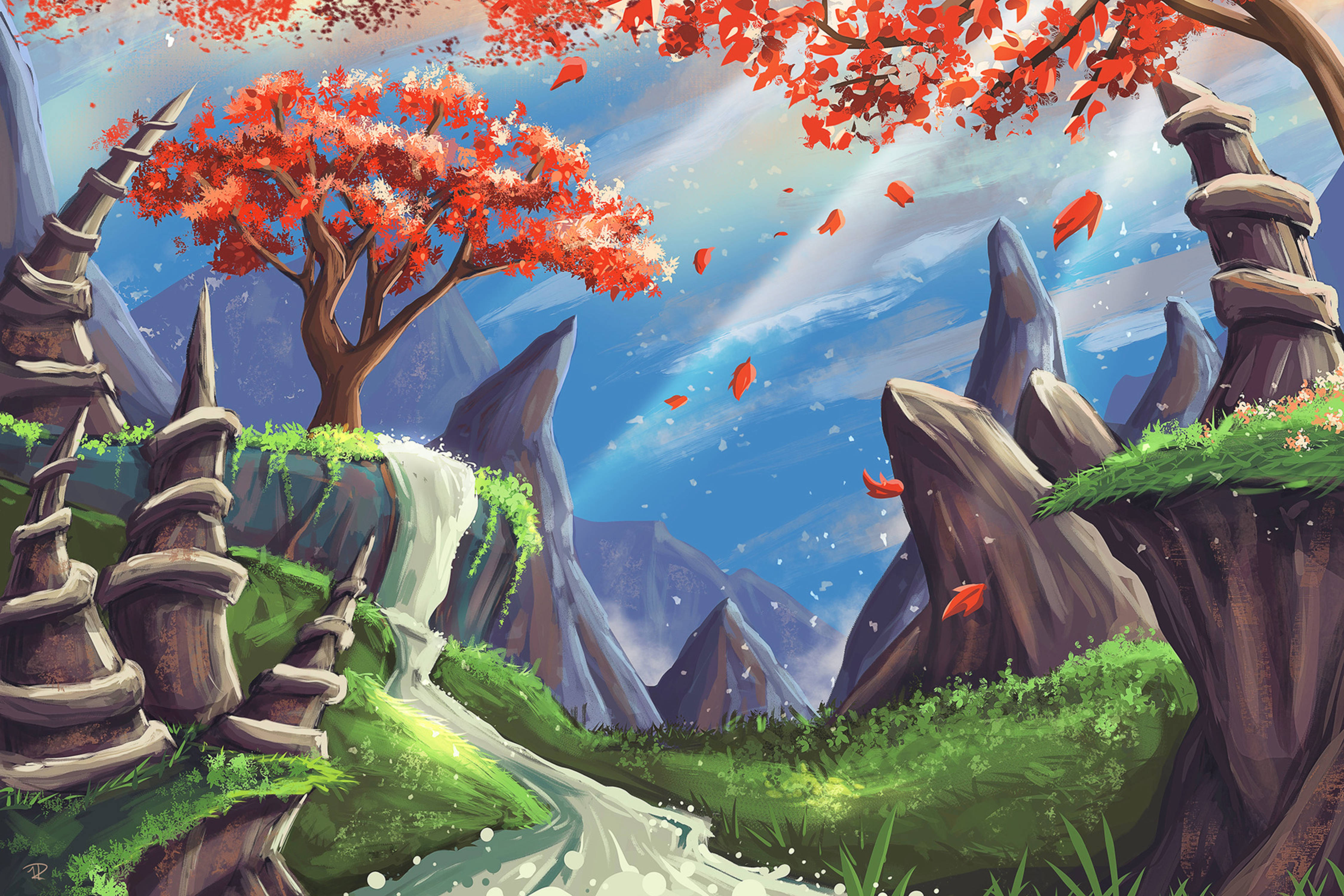 Majestic Mountainscape, snow-peaked mountains, vibrant blue skies, 4K Desktop Wallpaper