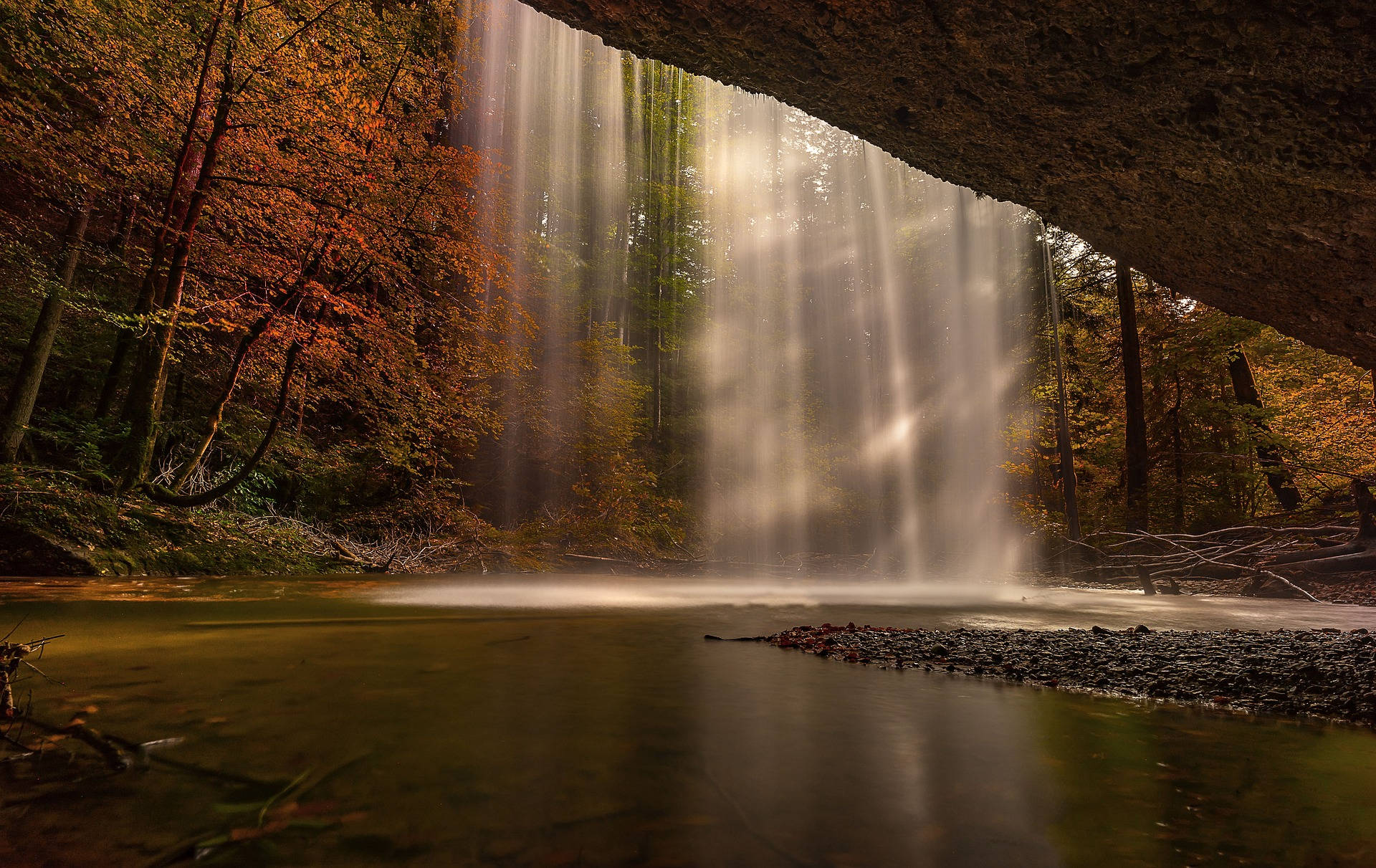 sunlight beams, forest canopy, misty waterfall, Full HD Desktop Wallpaper