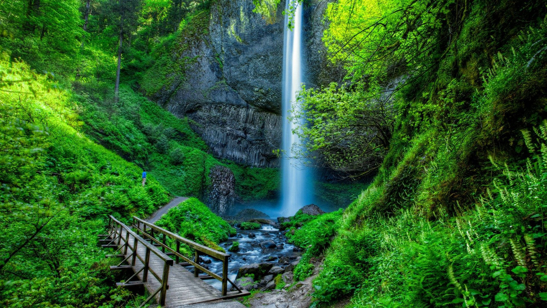 waterfall, bridge, wooden bridge, Full HD Desktop Wallpaper