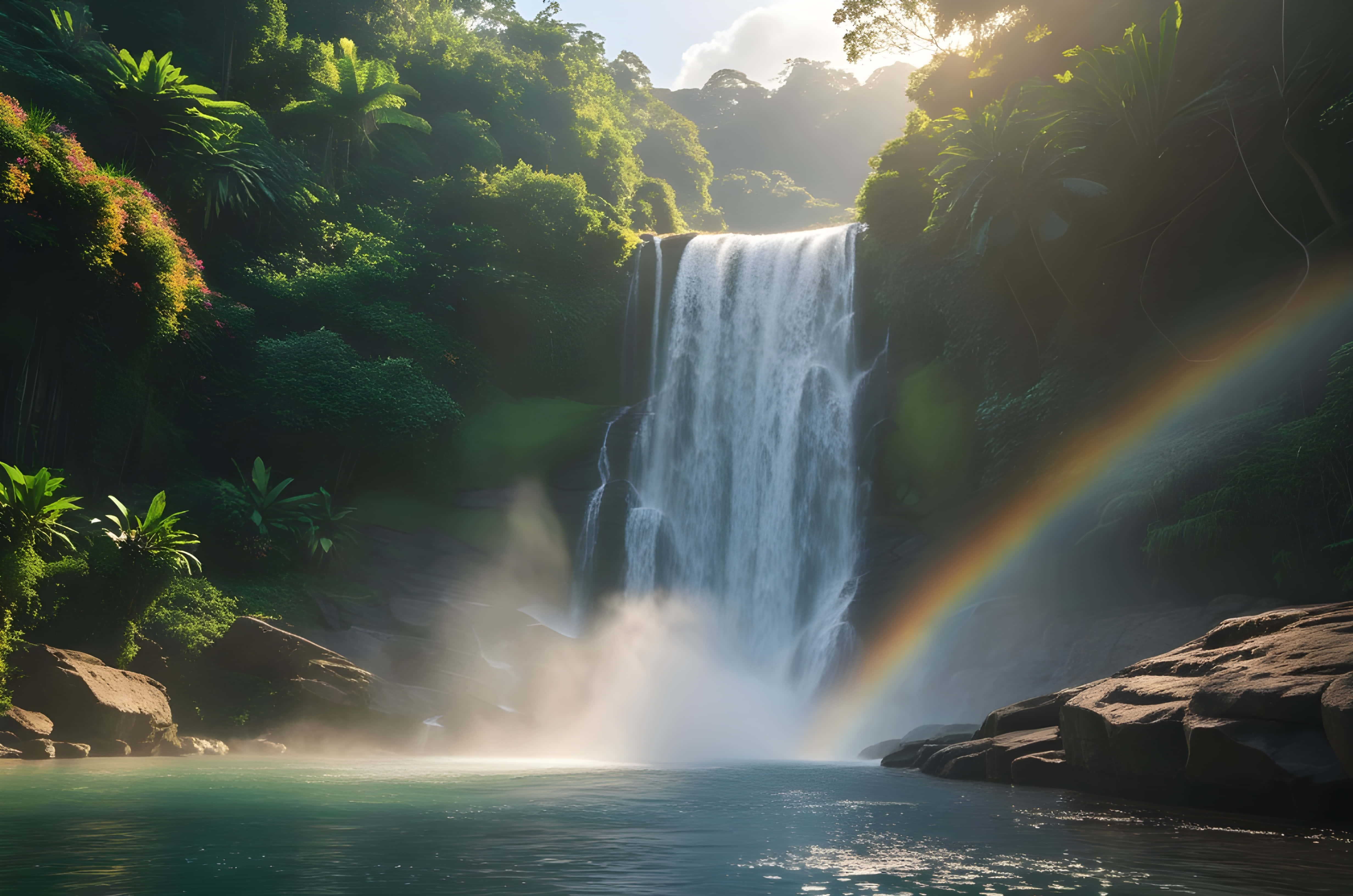 waterfall, mountain, lush green jungle, 4K Desktop Wallpaper