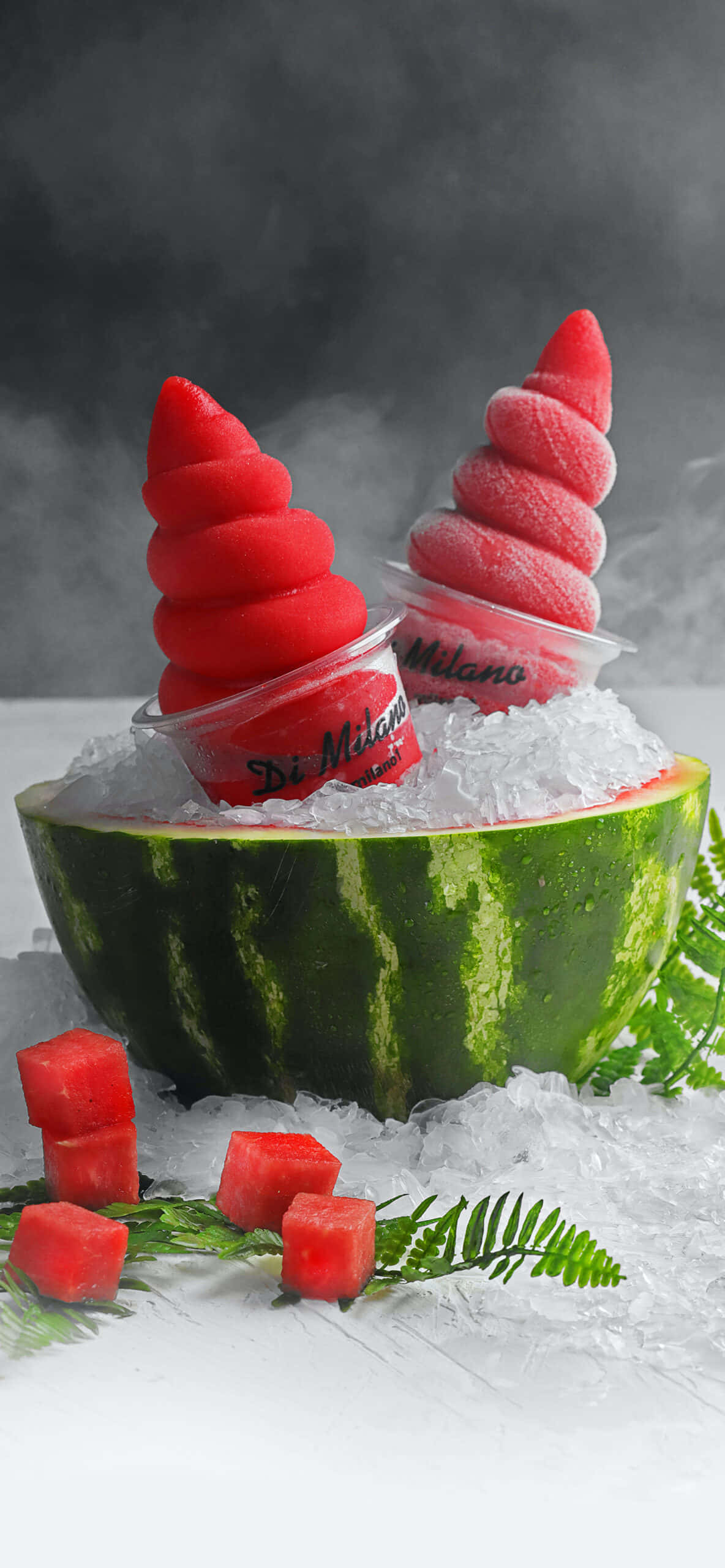 Watermelon iPhone, vibrant red spiral frozen treats, hollowed watermelon bowl, 2K Phone Wallpaper