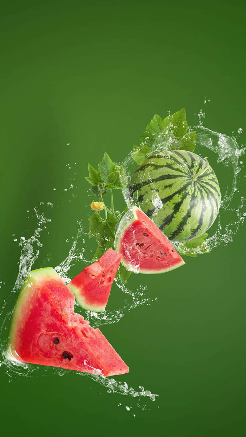 watermelon, green background, water splashes, HD Phone Wallpaper