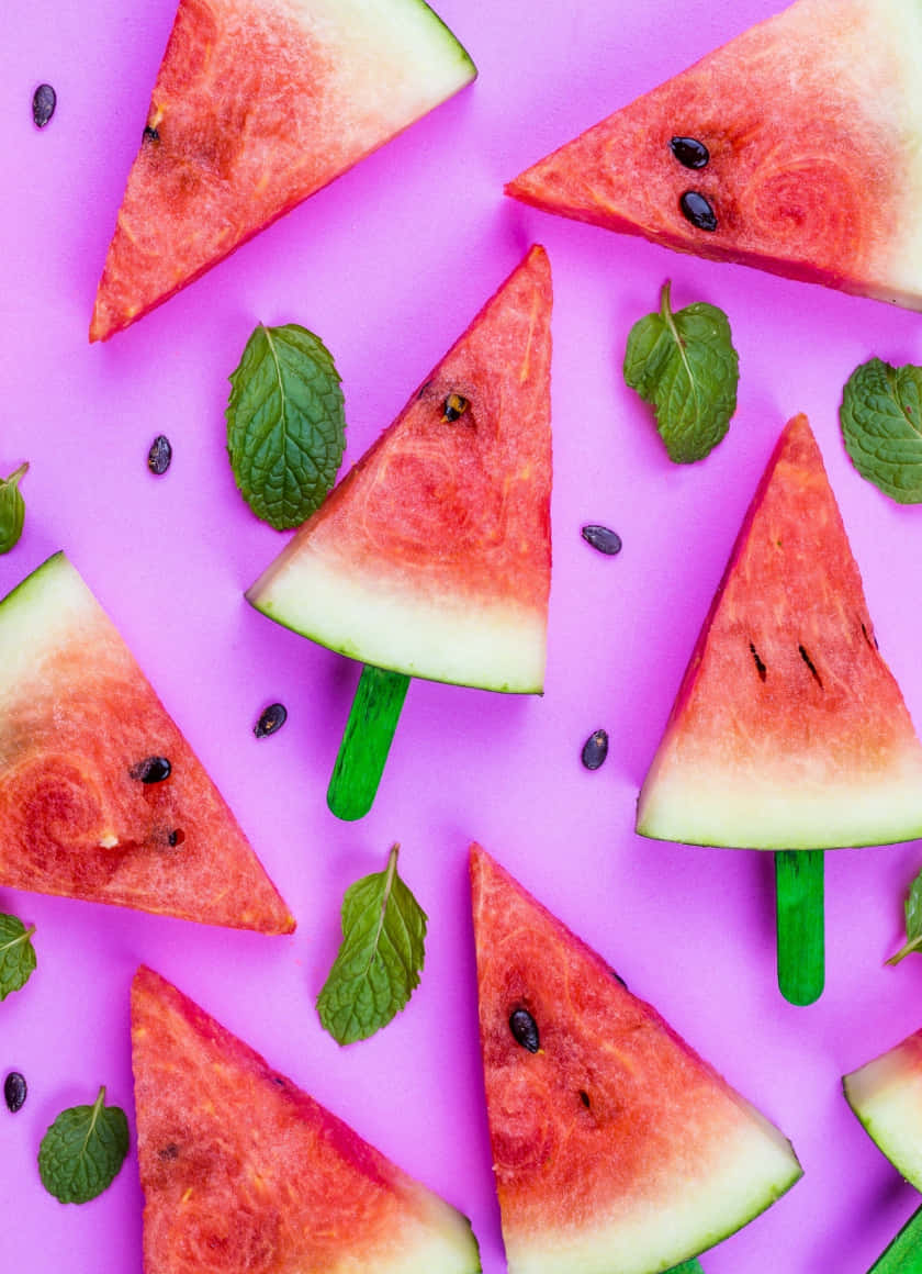Watermelon iPhone, vibrant watermelon slices, mint leaves, SD Phone Wallpaper