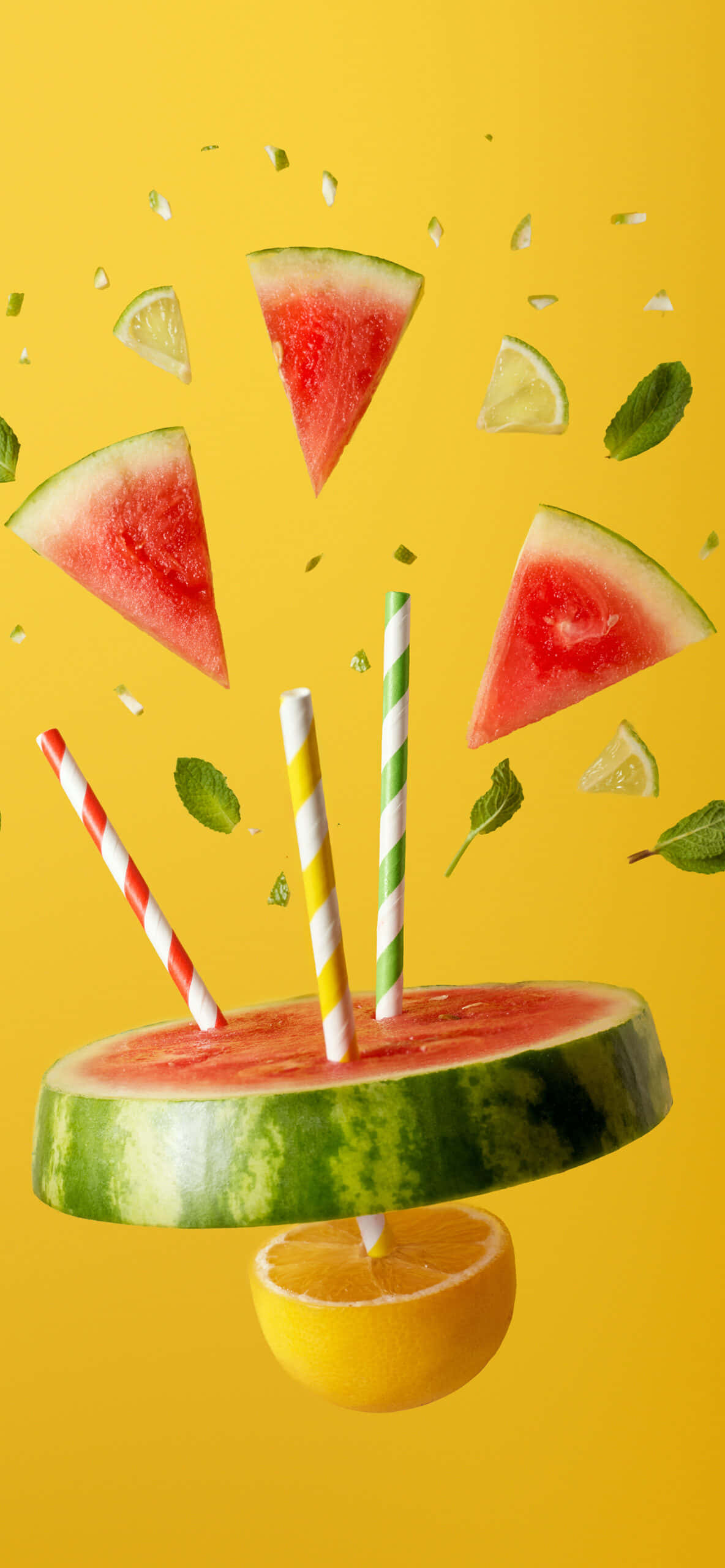 Watermelon iPhone, sliced watermelon, striped straws, 2K Phone Wallpaper