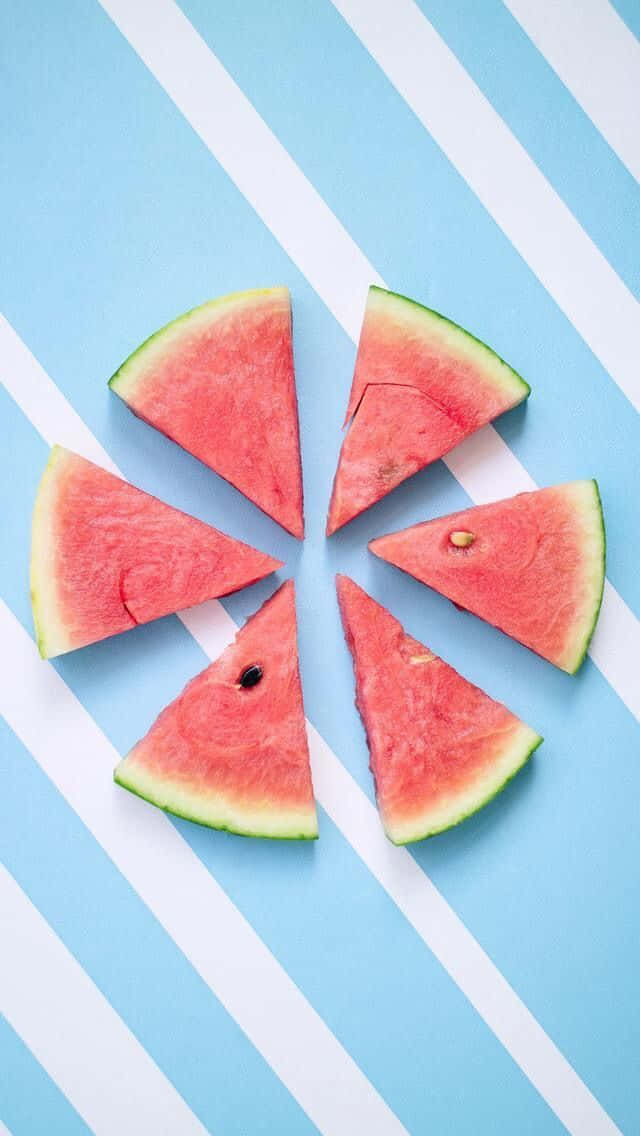 watermelon, blue and white striped background, six watermelon slices, SD Phone Wallpaper
