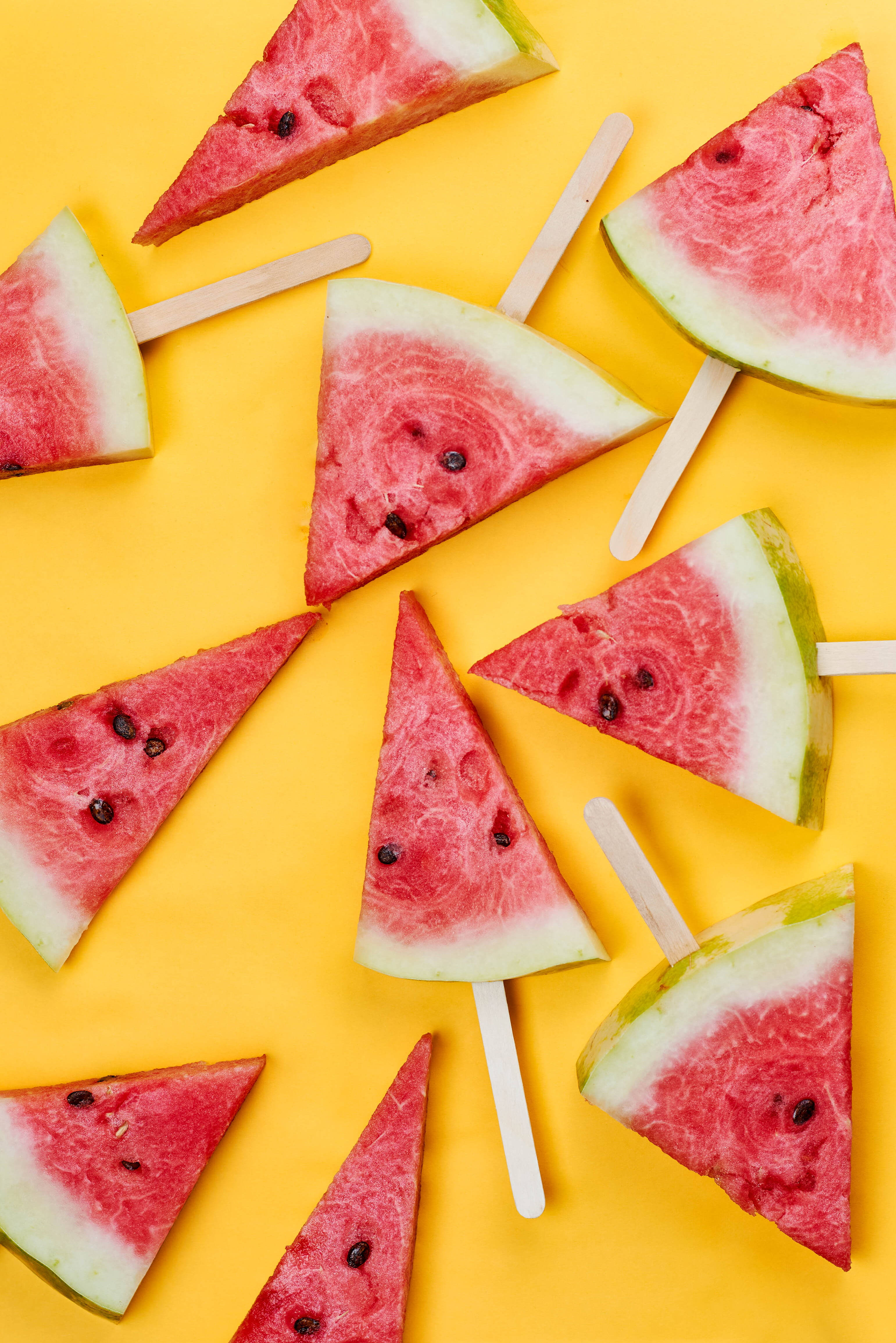 watermelon, popsicle, bright yellow background, 4K Phone Wallpaper