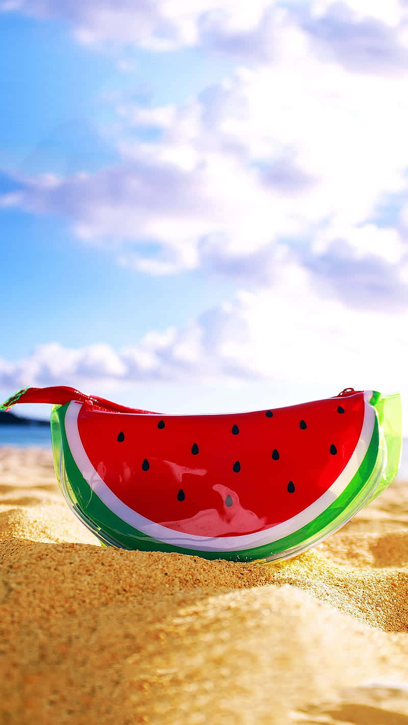 watermelon-shaped pouch, golden sand, bright blue sky, HD Phone Wallpaper