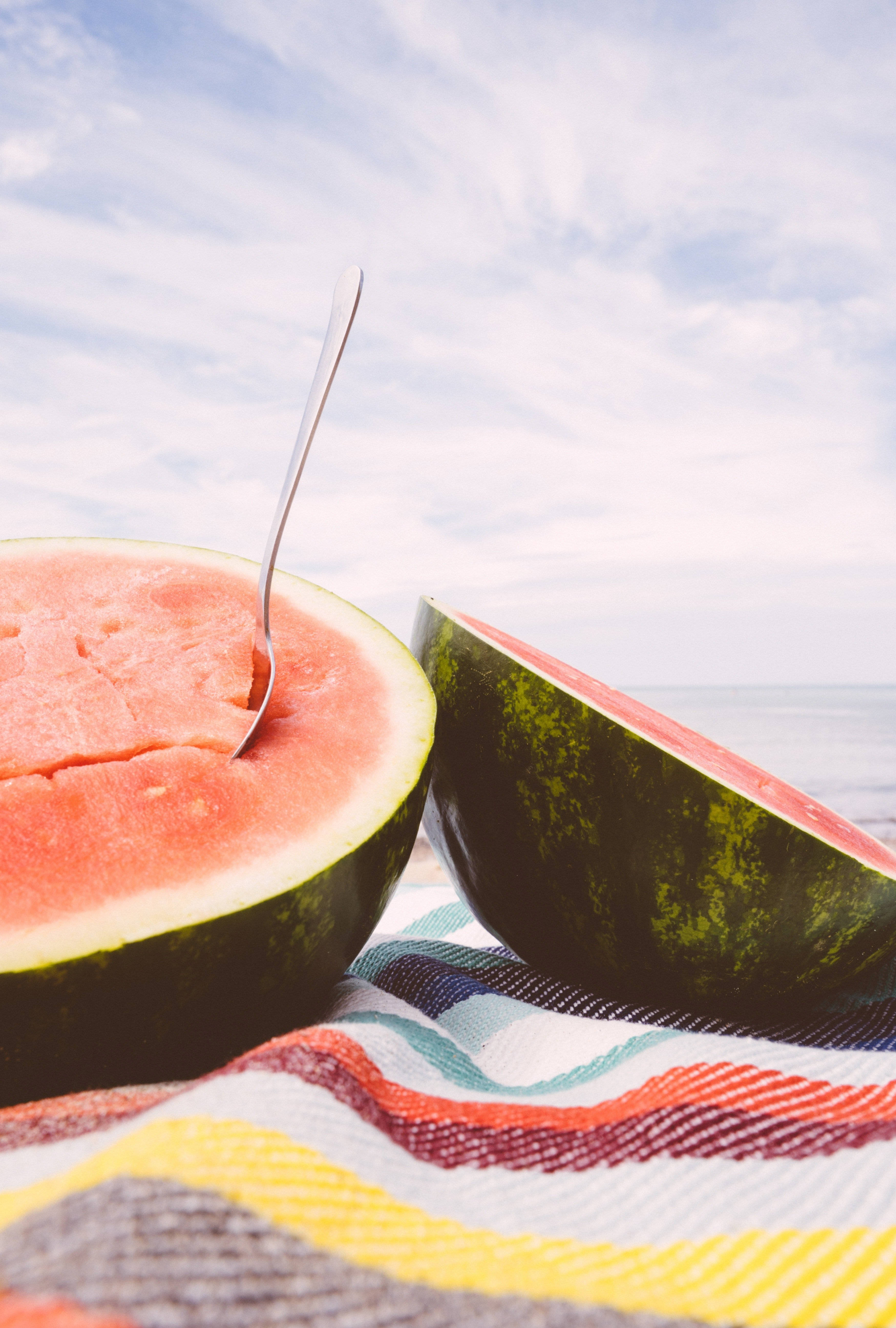 watermelon, spoon, colorful striped towel, 5K Phone Wallpaper