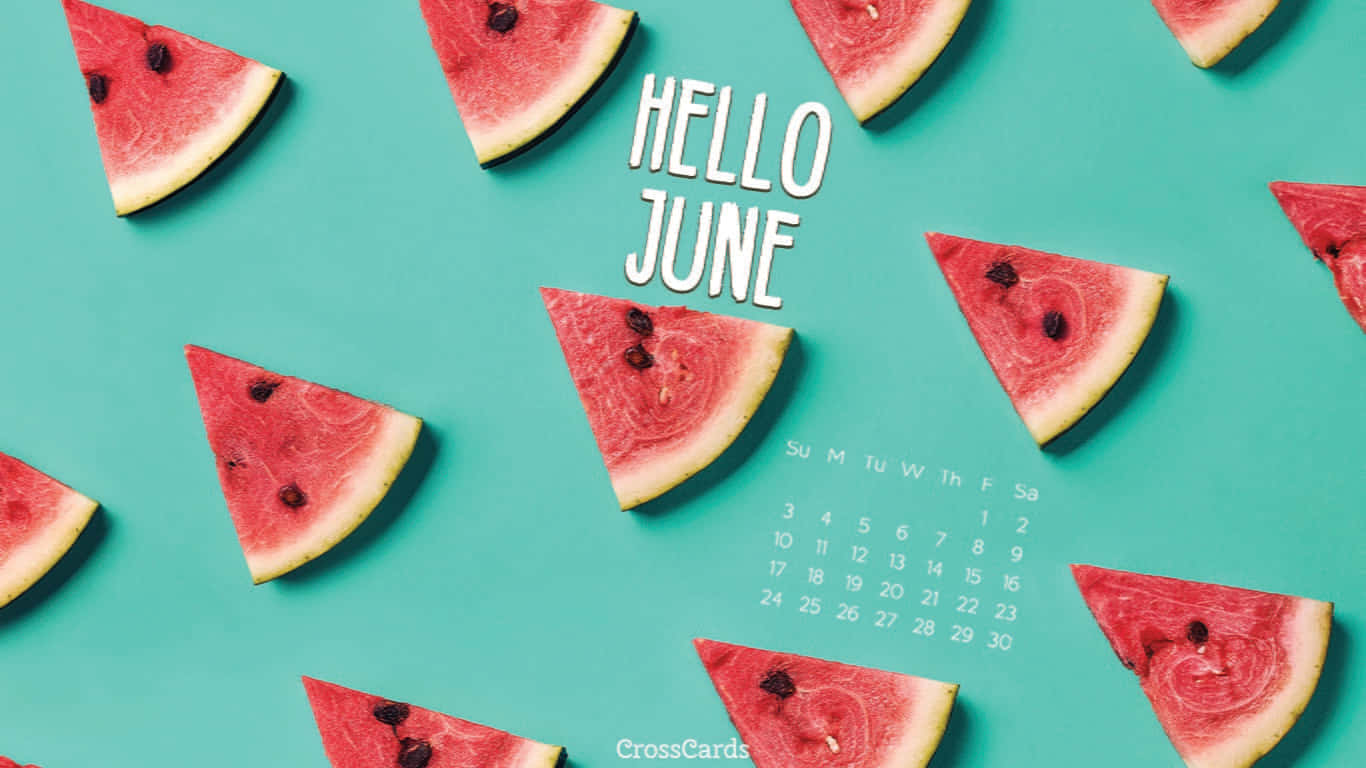 hello june, watermelon slices, teal background, HD Desktop Wallpaper