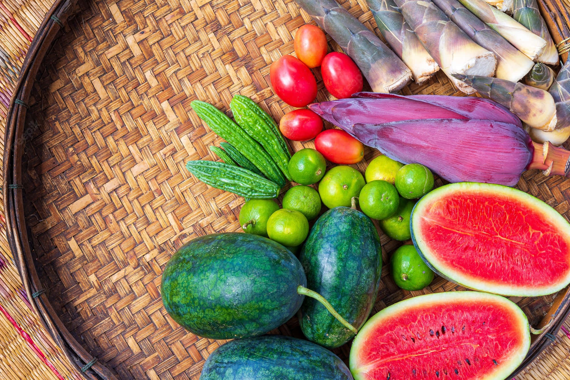 rice winnowing basket, watermelon, lime, Full HD Desktop Wallpaper