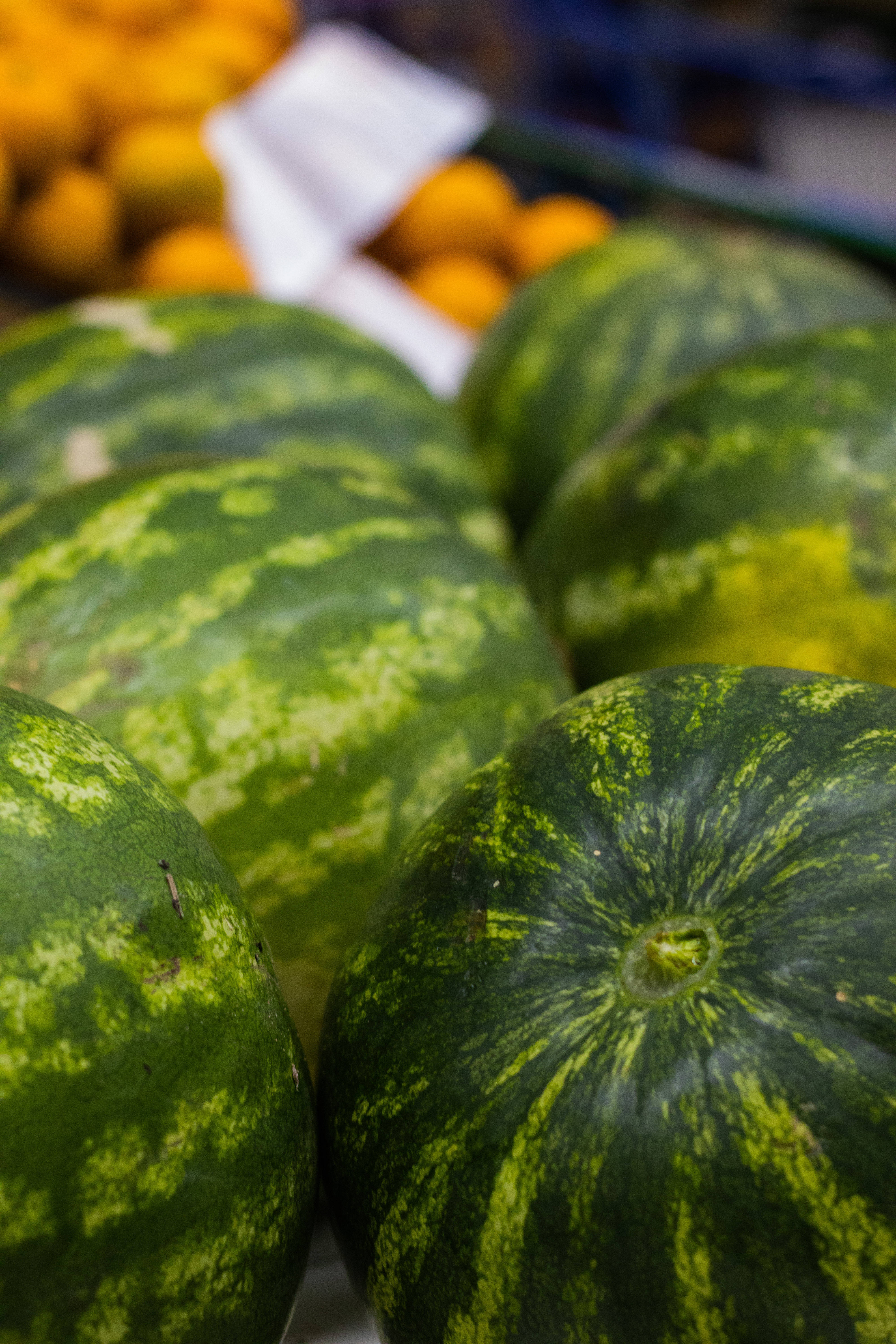 watermelon, market stall, green striped rinds, 5K Phone Wallpaper