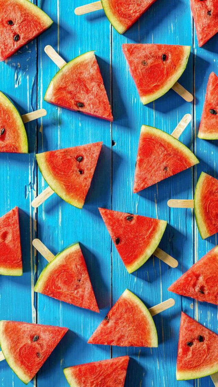 watermelon, wooden sticks, vibrant blue, HD Phone Wallpaper