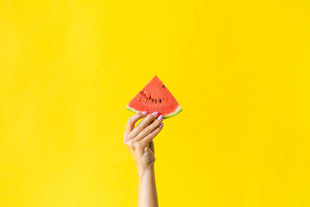 watermelon slice, pink nails, bright yellow background, SD Desktop Wallpaper