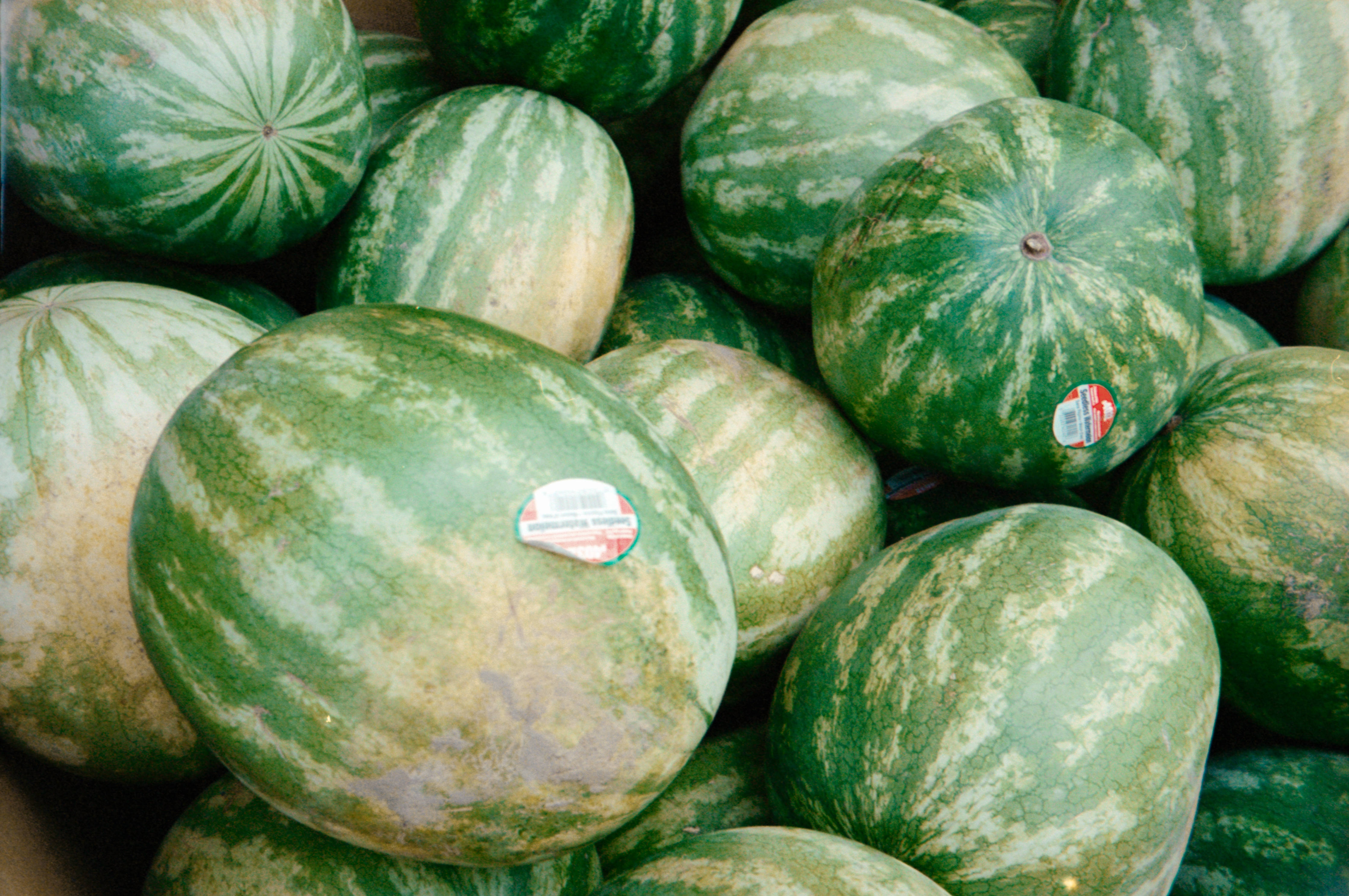 Watermelon, green striped rinds, market display, 4K Desktop Wallpaper