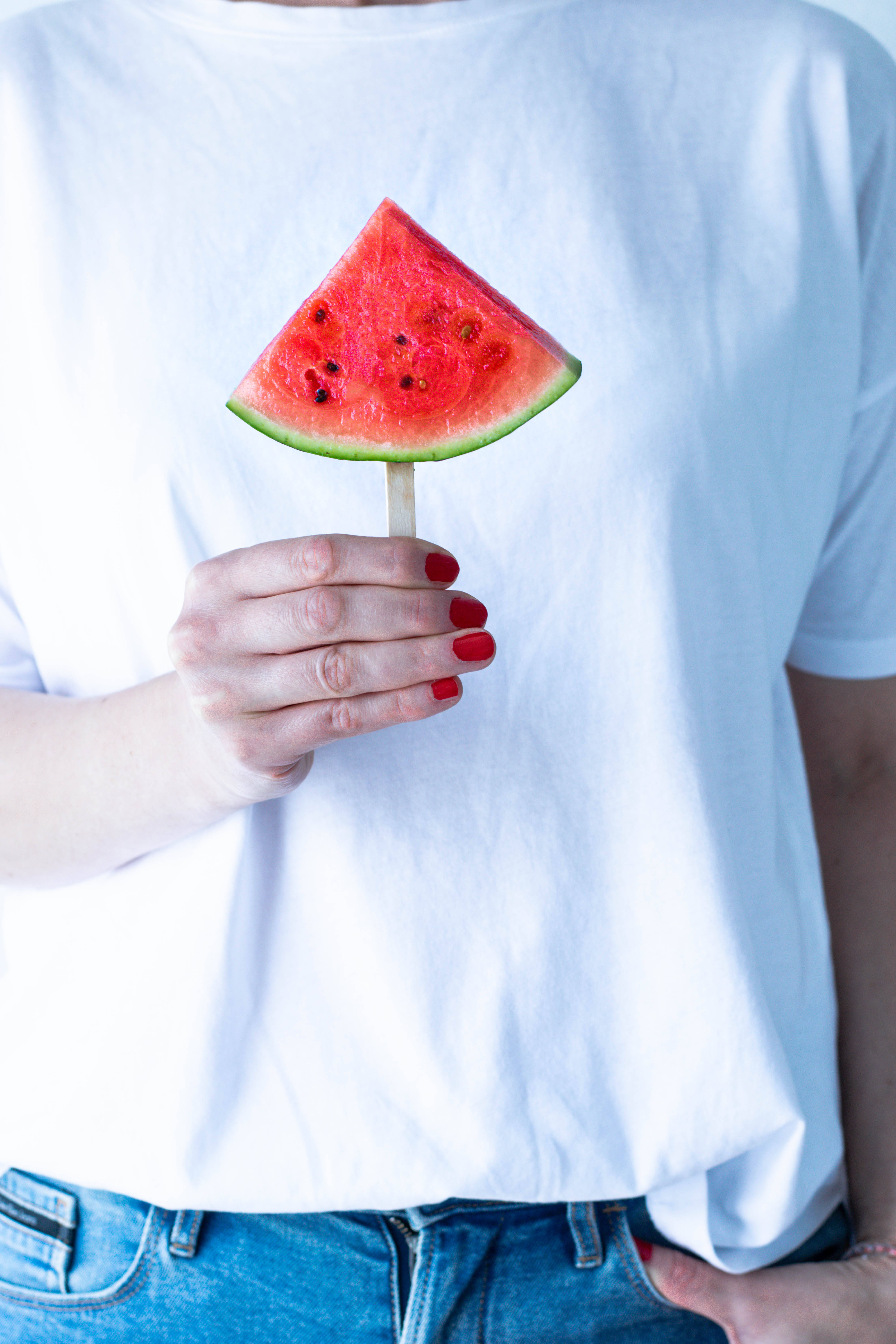 watermelon on a stick, white tee, red nail polish, 5K Phone Wallpaper