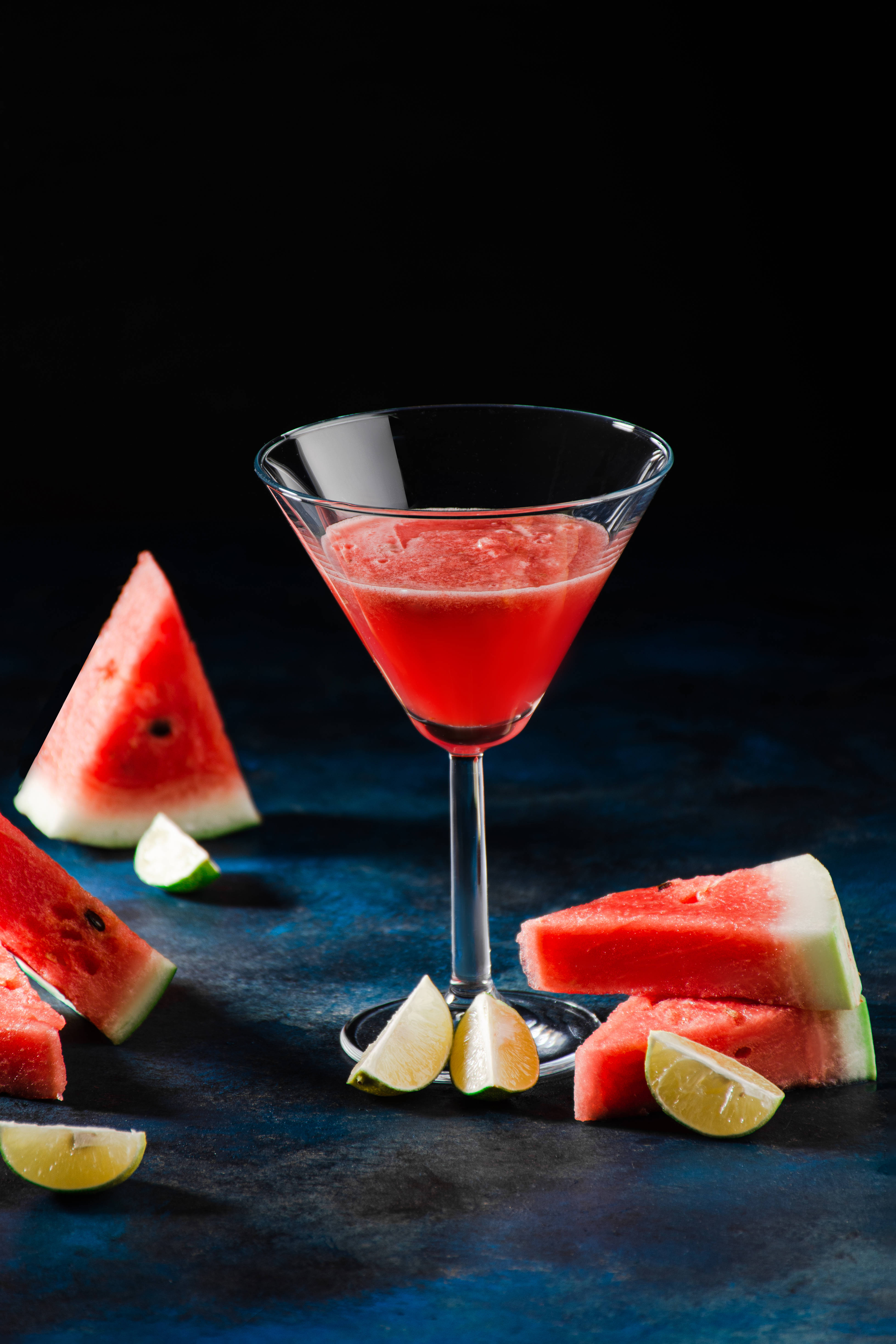 watermelon, martini glass, dark blue textured surface, 5K Phone Wallpaper