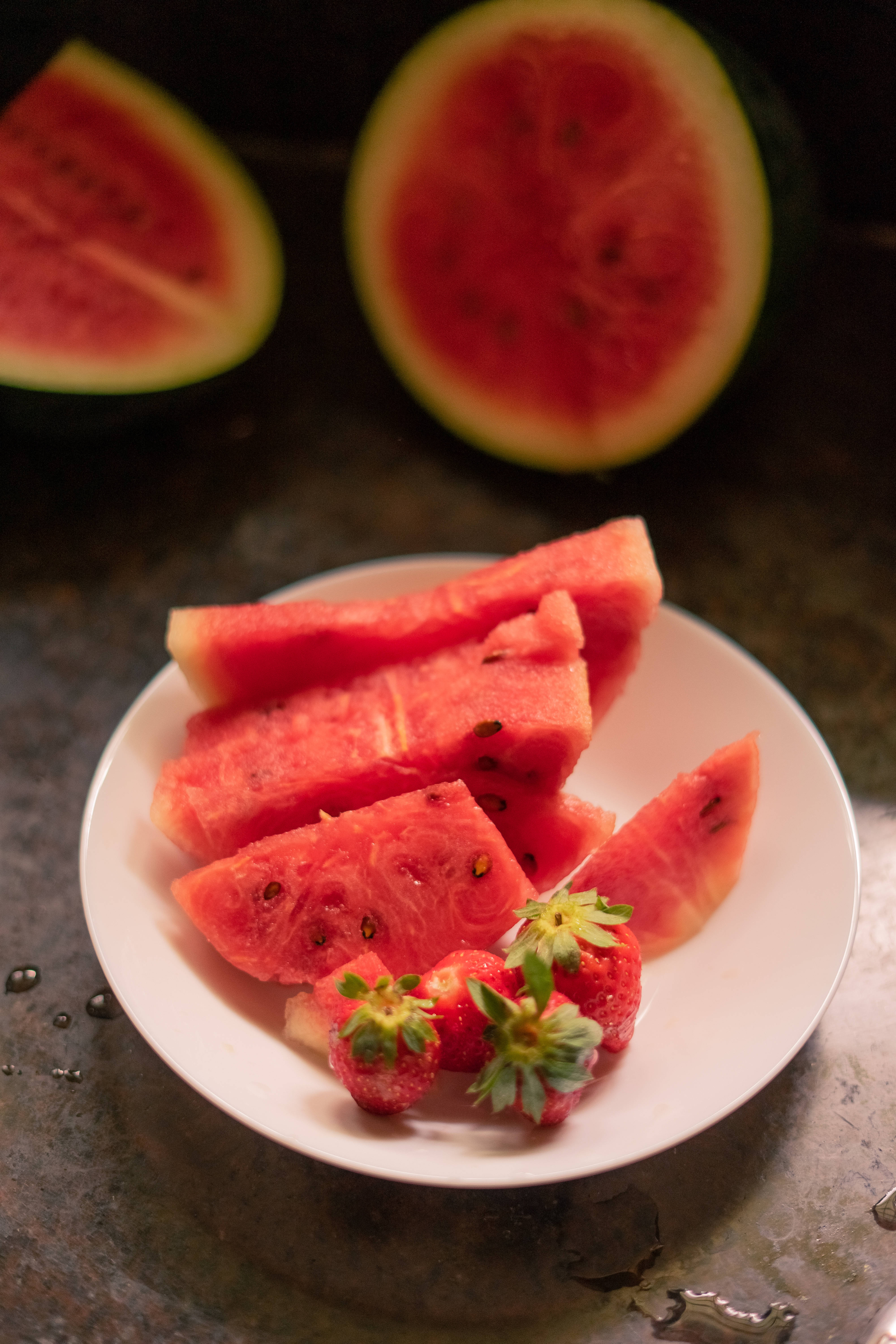 watermelon, strawberries, white plate, 5K Phone Wallpaper