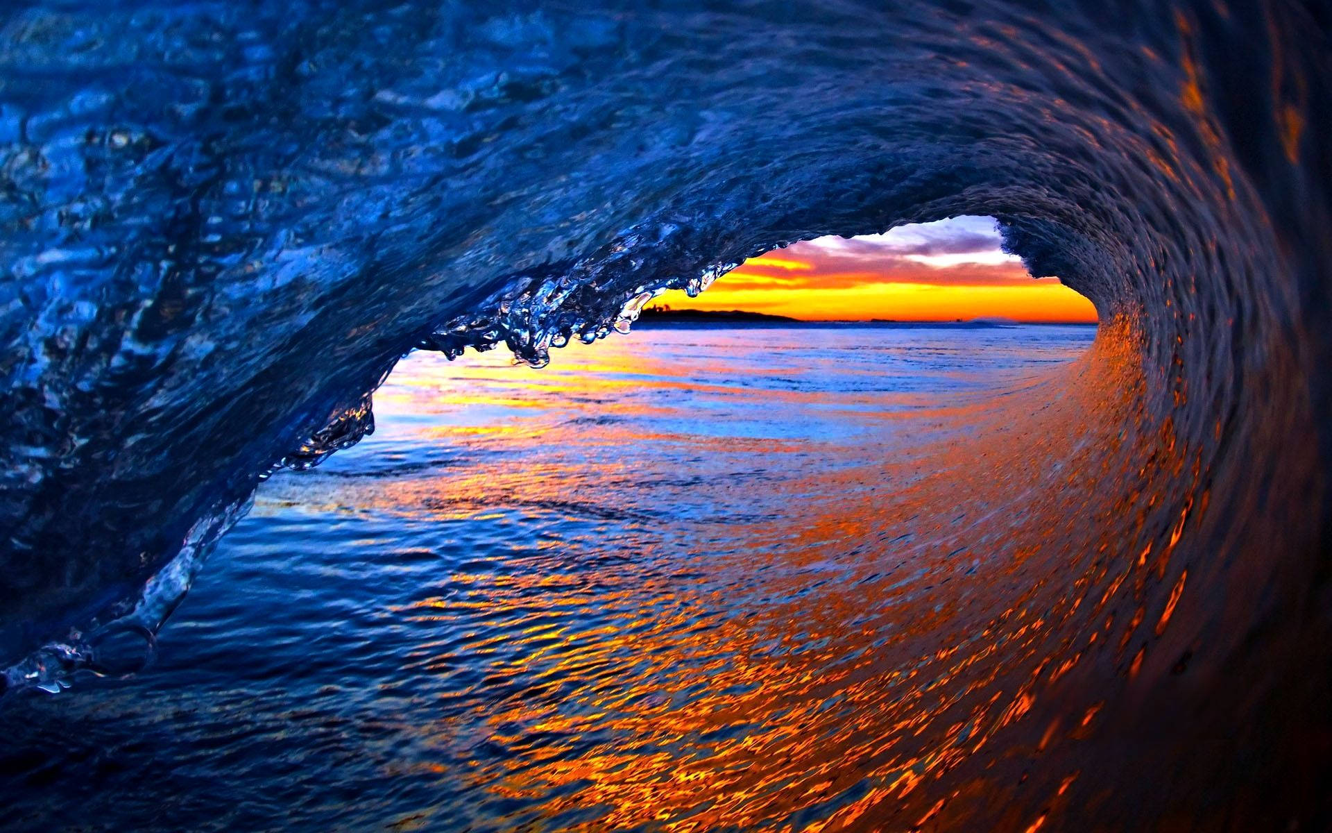 Wave, sunset, vibrant blue, Full HD Desktop Wallpaper