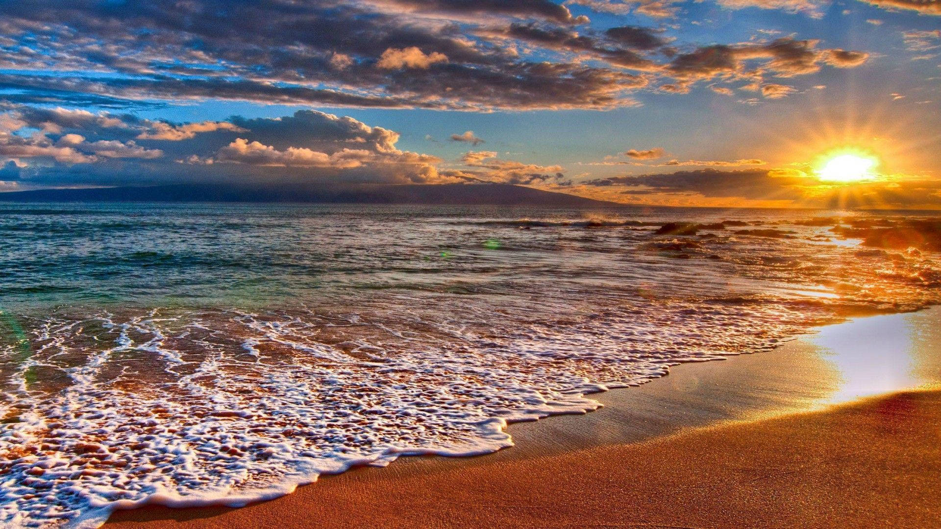 vibrant sunset, golden sunset, waves, Full HD Desktop Wallpaper