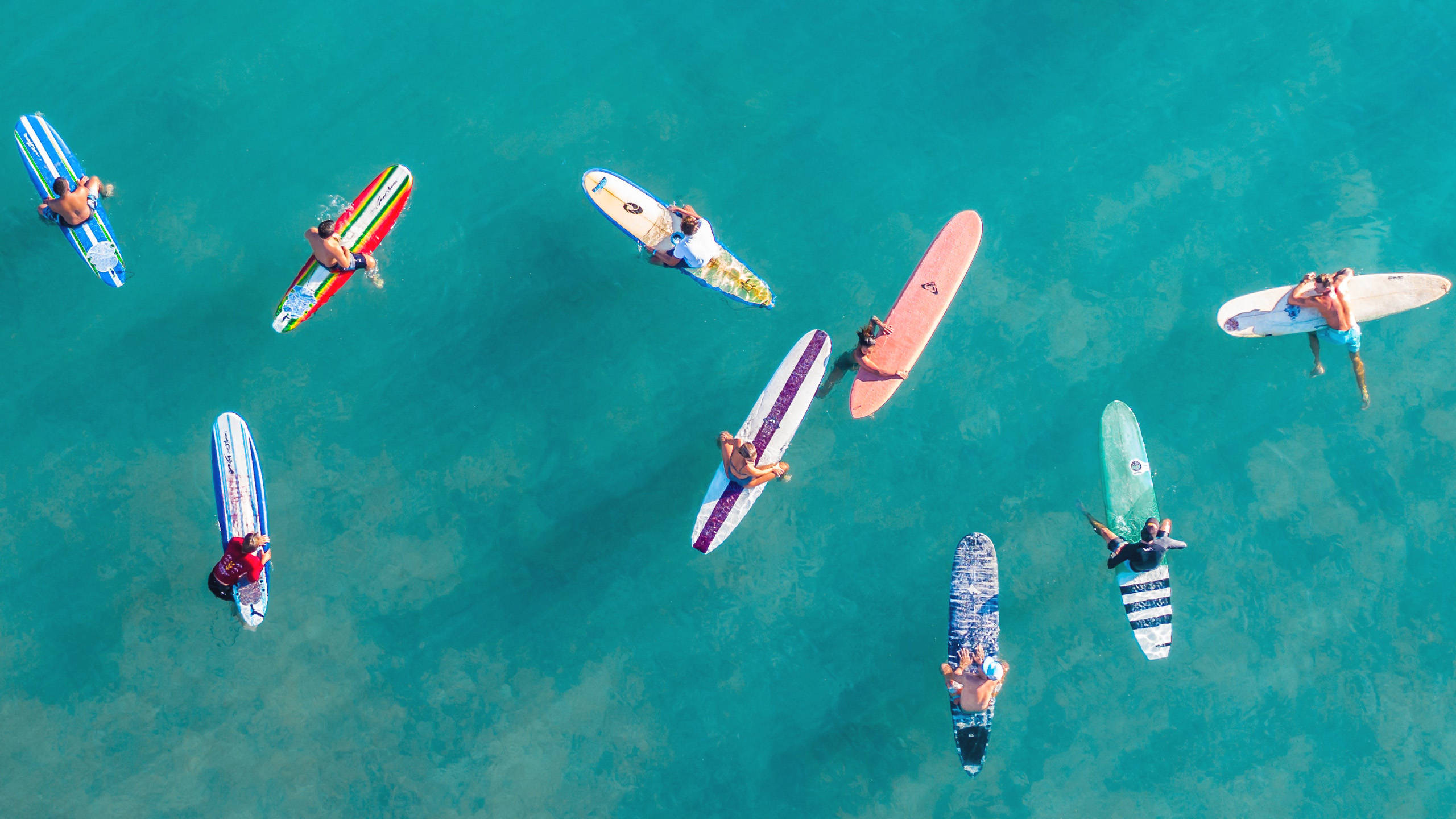 surfing, aerial view, vibrant turquoise water, 2K Desktop Wallpaper